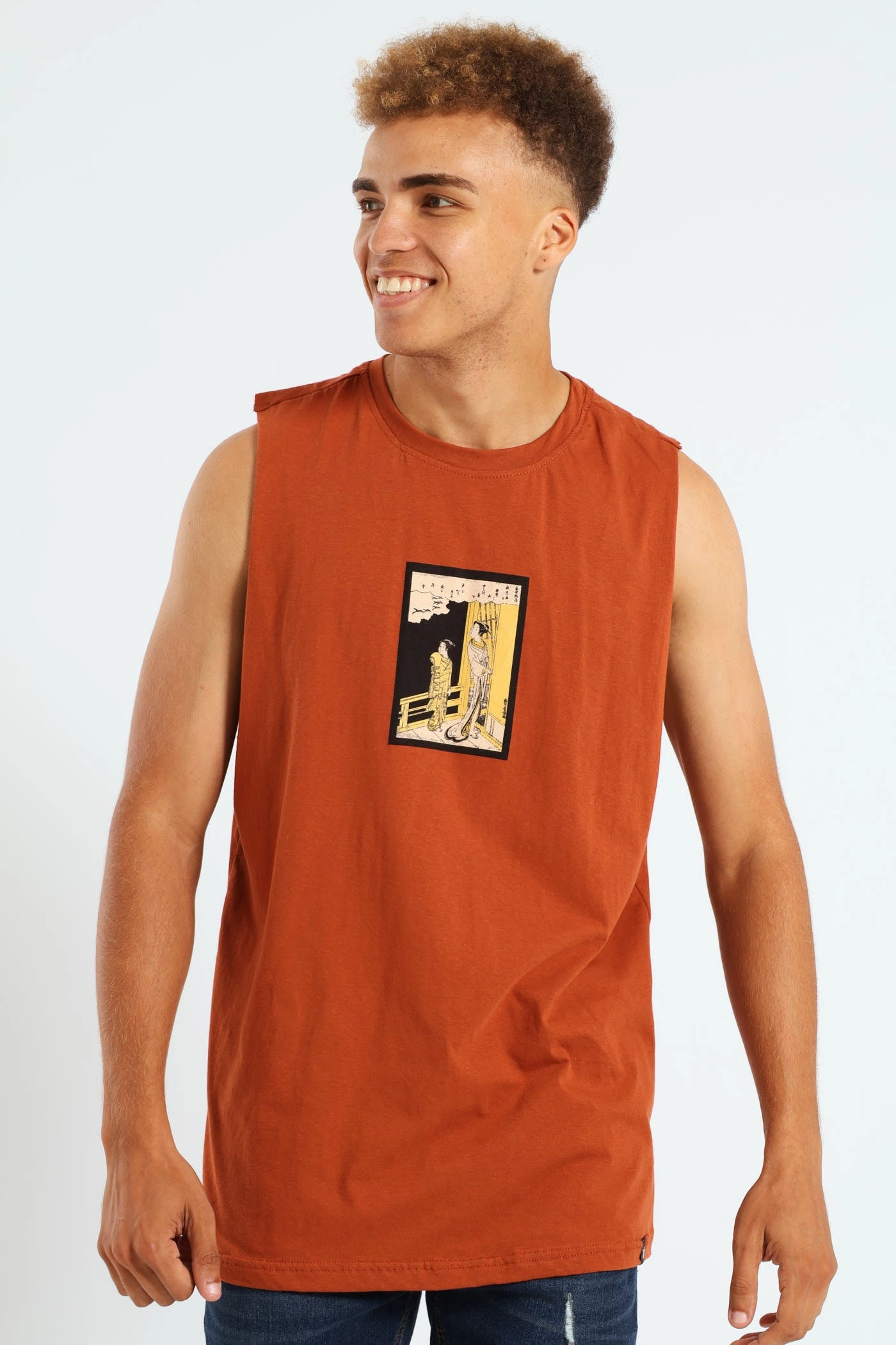 Japanese Muscle Hugger Tee - Rust Geometric Print