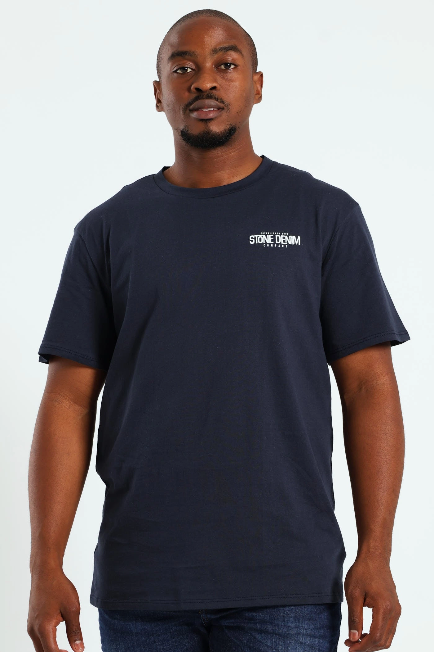 Superior Stone Denim Front & Back Print Tee - Navy High Density Weave Sporty Top