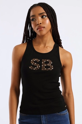 HighNeckline Clear Vision Rib Knit Bling Logo Racer Vest - Black