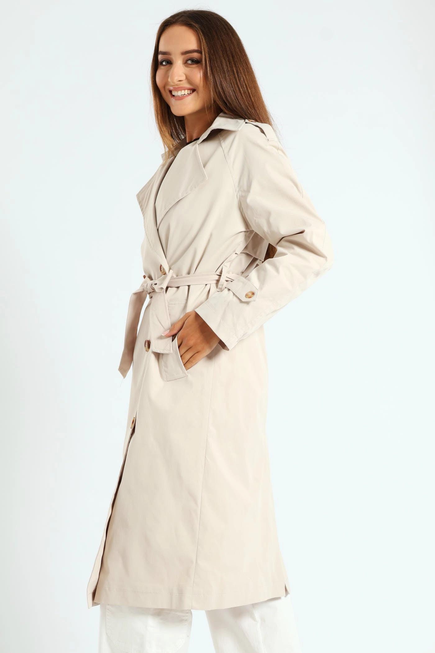 Classic Trench Coat With Epaulettes & Button Detail - Stone Eco Friendly Material