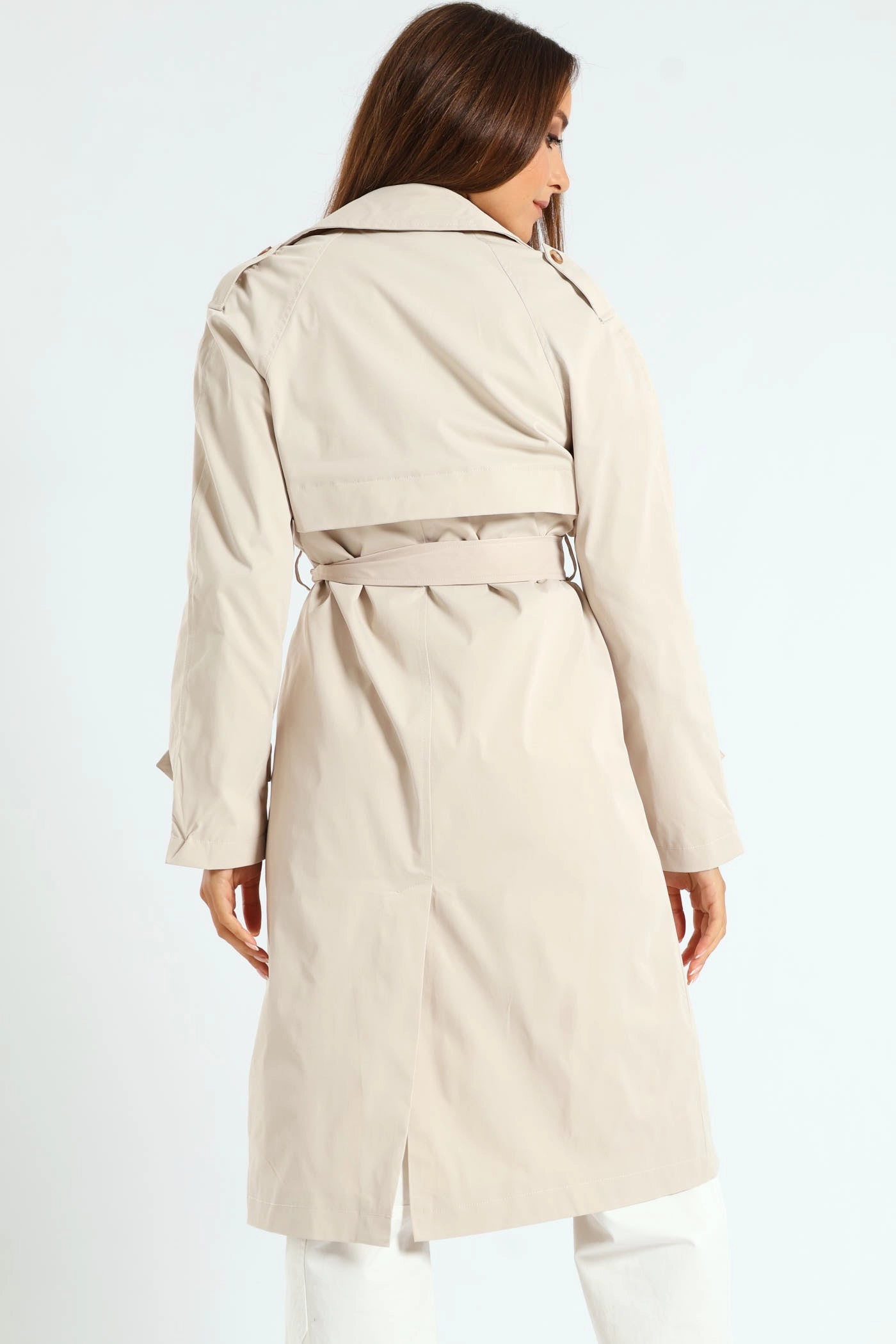 Classic Trench Coat With Epaulettes & Button Detail - Stone Zipper Guard Weatherproofing Reinforced Seams