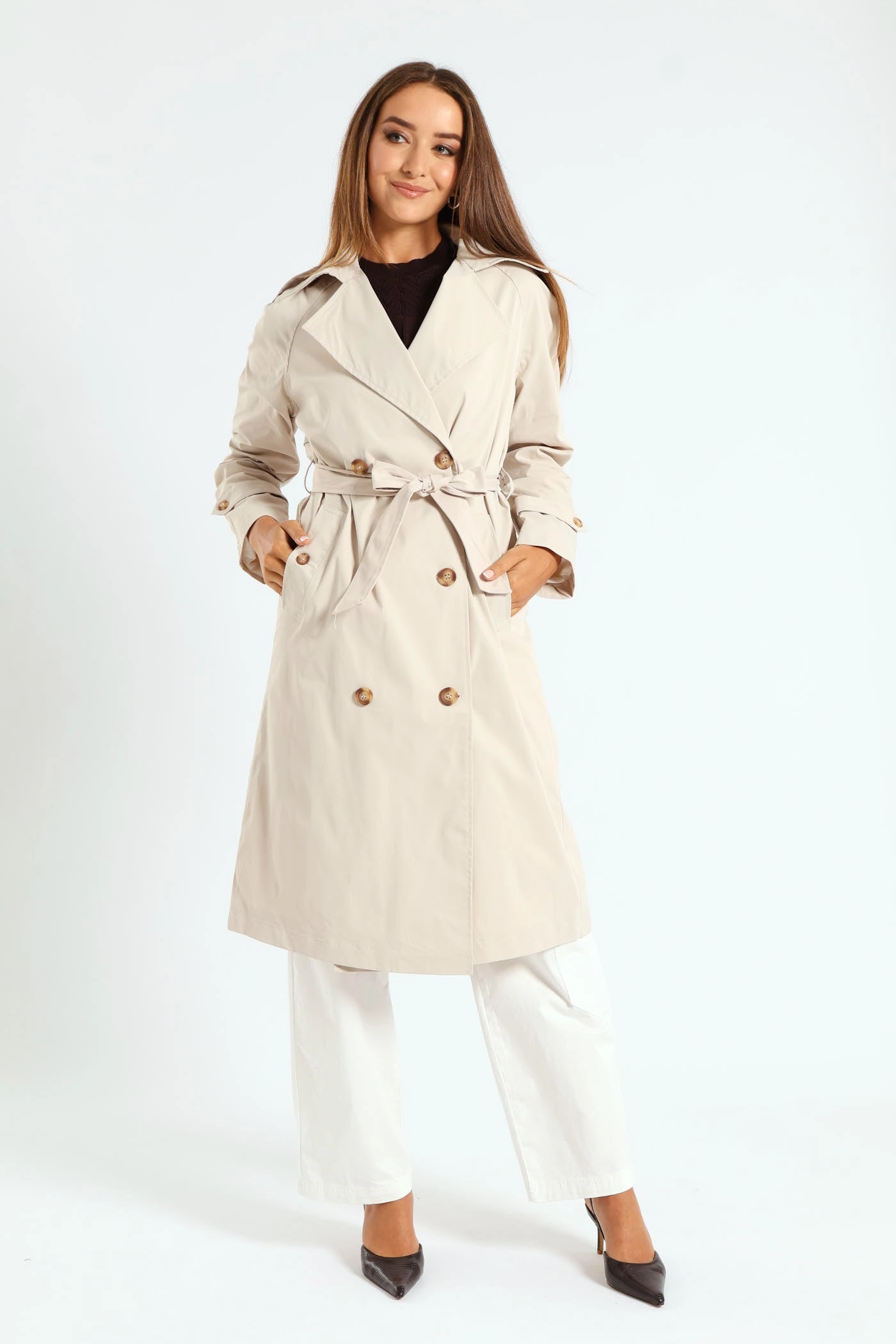 Classic Trench Coat With Epaulettes & Button Detail - Stone Modern Drop Tail Hem Sunday Walk Style