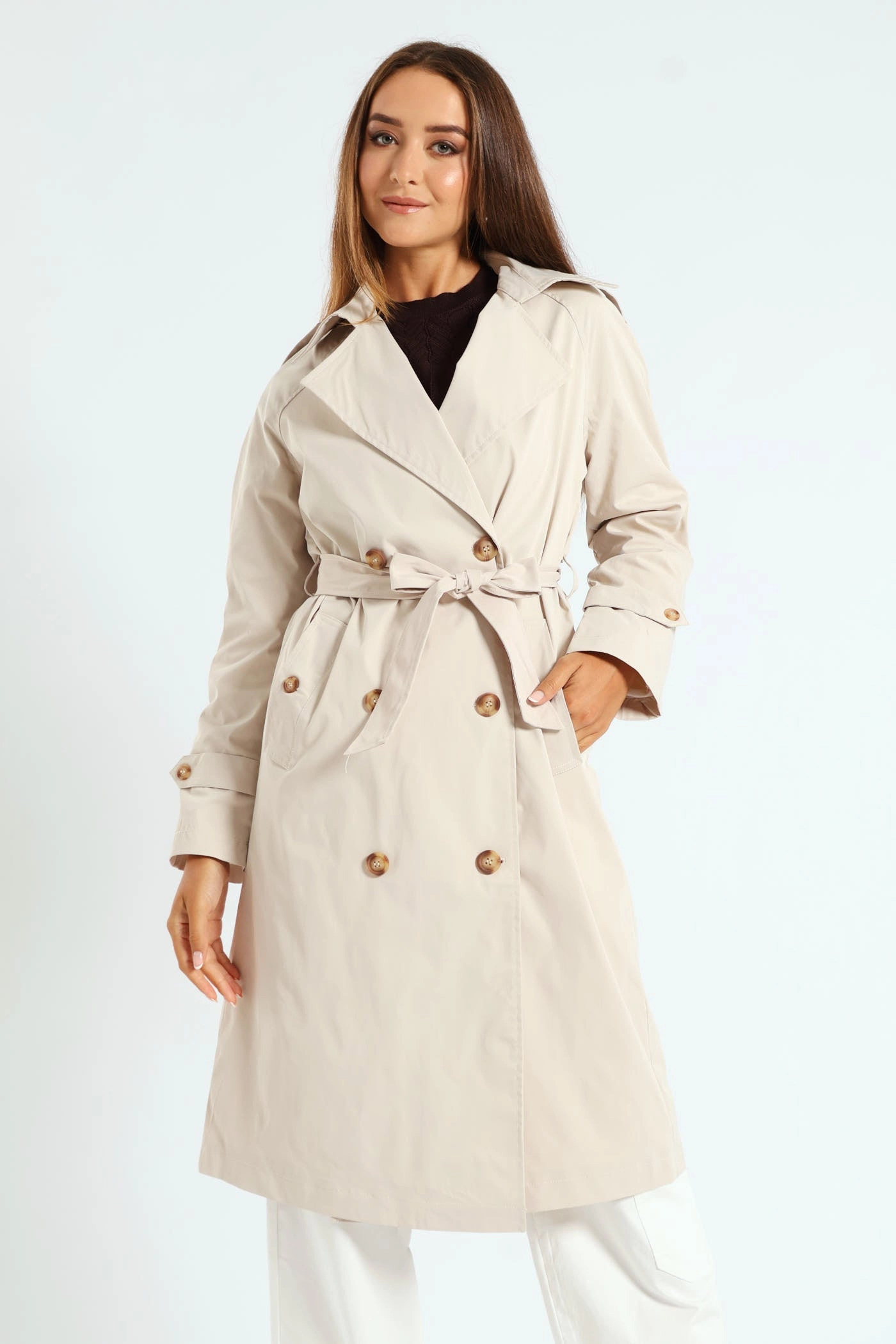 Seamless Technology Durable AbrasionResistant Panels Classic Trench Coat With Epaulettes & Button Detail - Stone