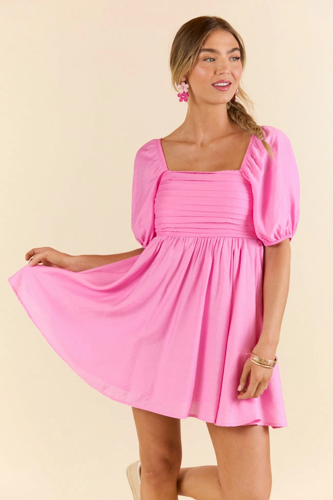 Take Your Time Pink Pleated Short Sleeve Mini Dress FINAL SALE Lace Accent Satin Layers