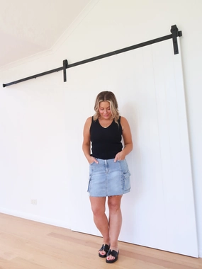 Tamika Denim Skirt Office Appropriate Twist Knot Details