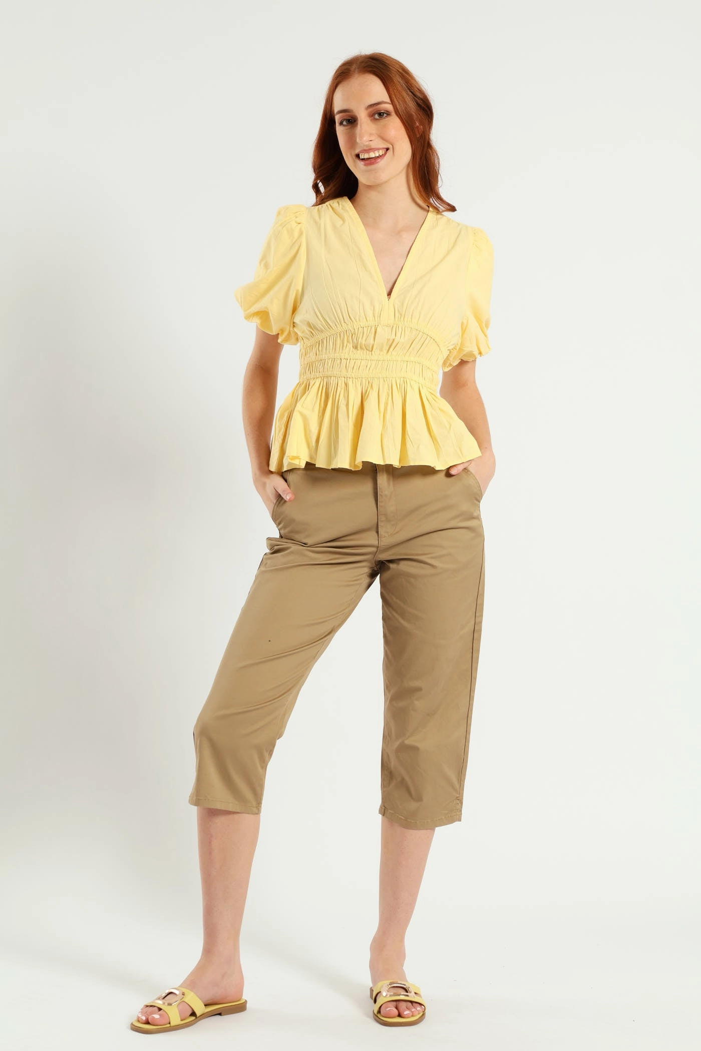 Bubble Sleeve V-Neck Peplum Blouse - Light Yellow Ethically Sourced Material Glow In The Dark Accent Trim