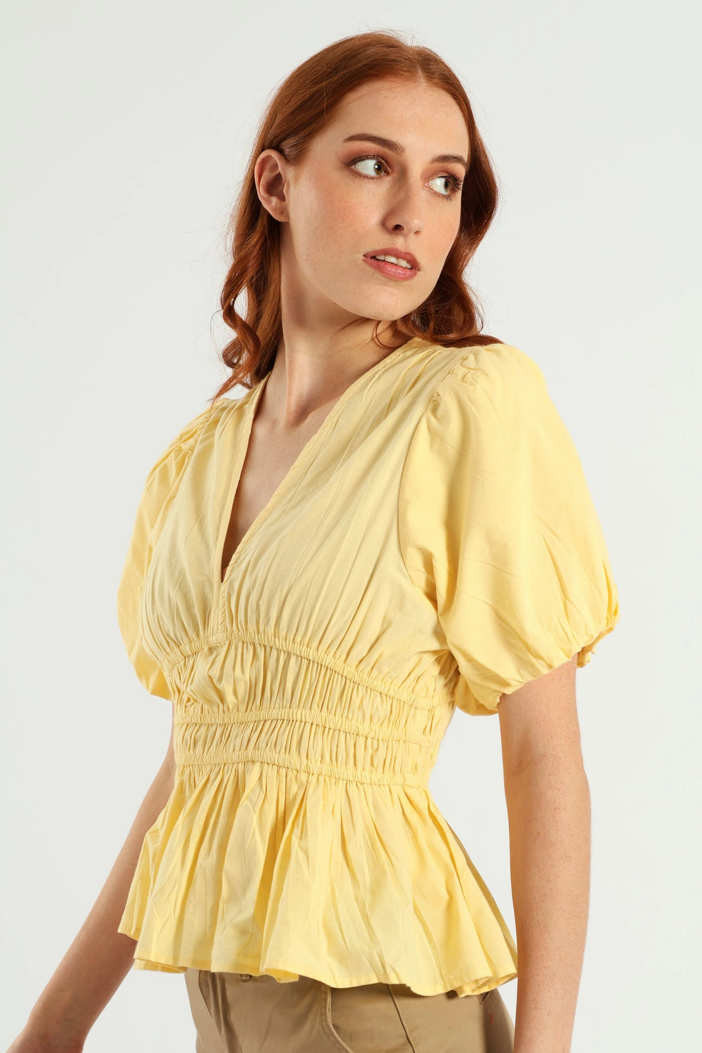 LayeredDurability Bubble Sleeve V-Neck Peplum Blouse - Light Yellow