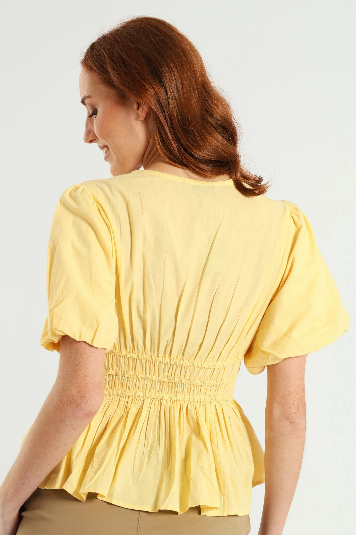 MultiDirectionalStretch Bubble Sleeve V-Neck Peplum Blouse - Light Yellow