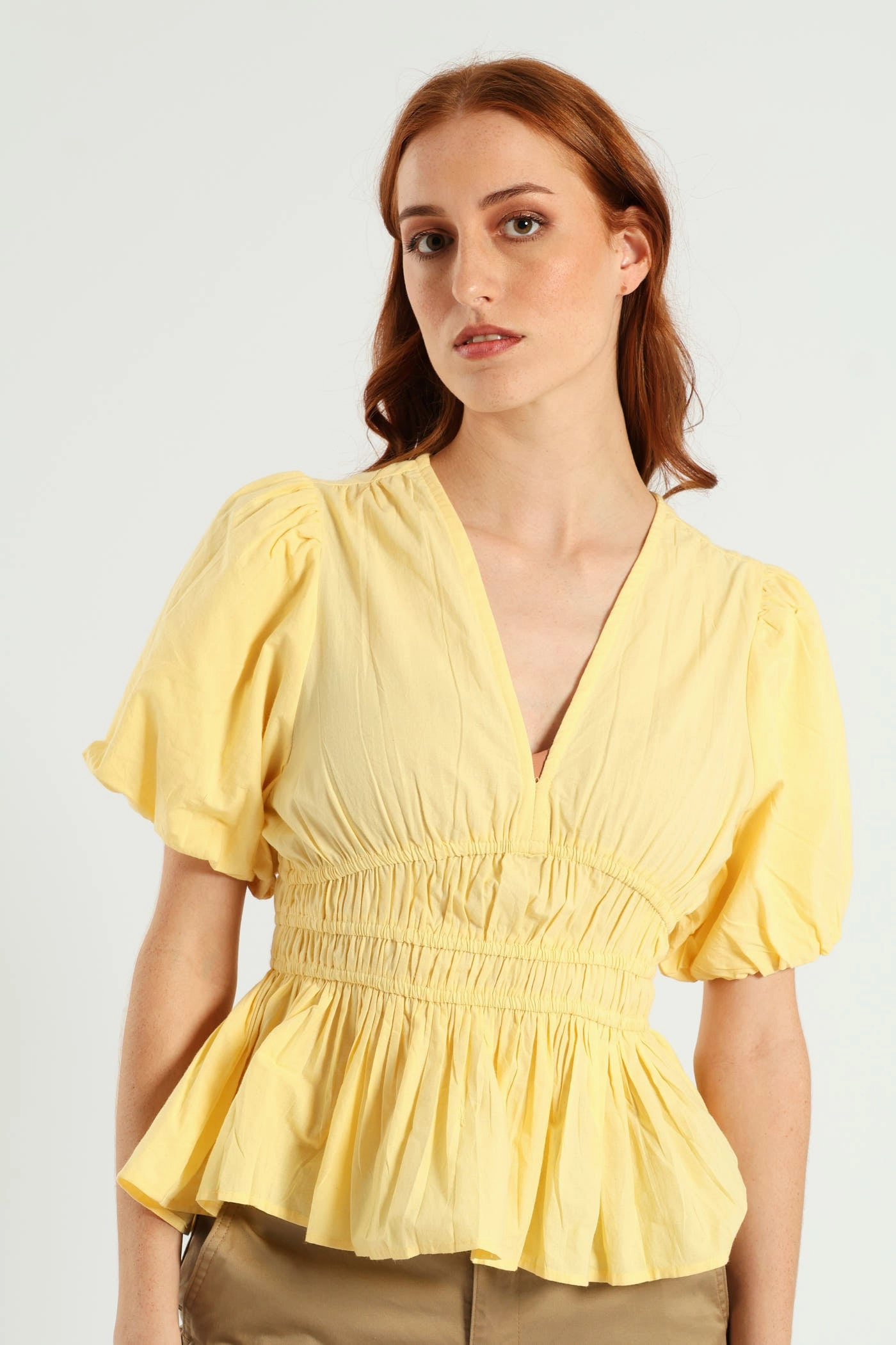 Bubble Sleeve V-Neck Peplum Blouse - Light Yellow Chic Tee AllPurposeWear