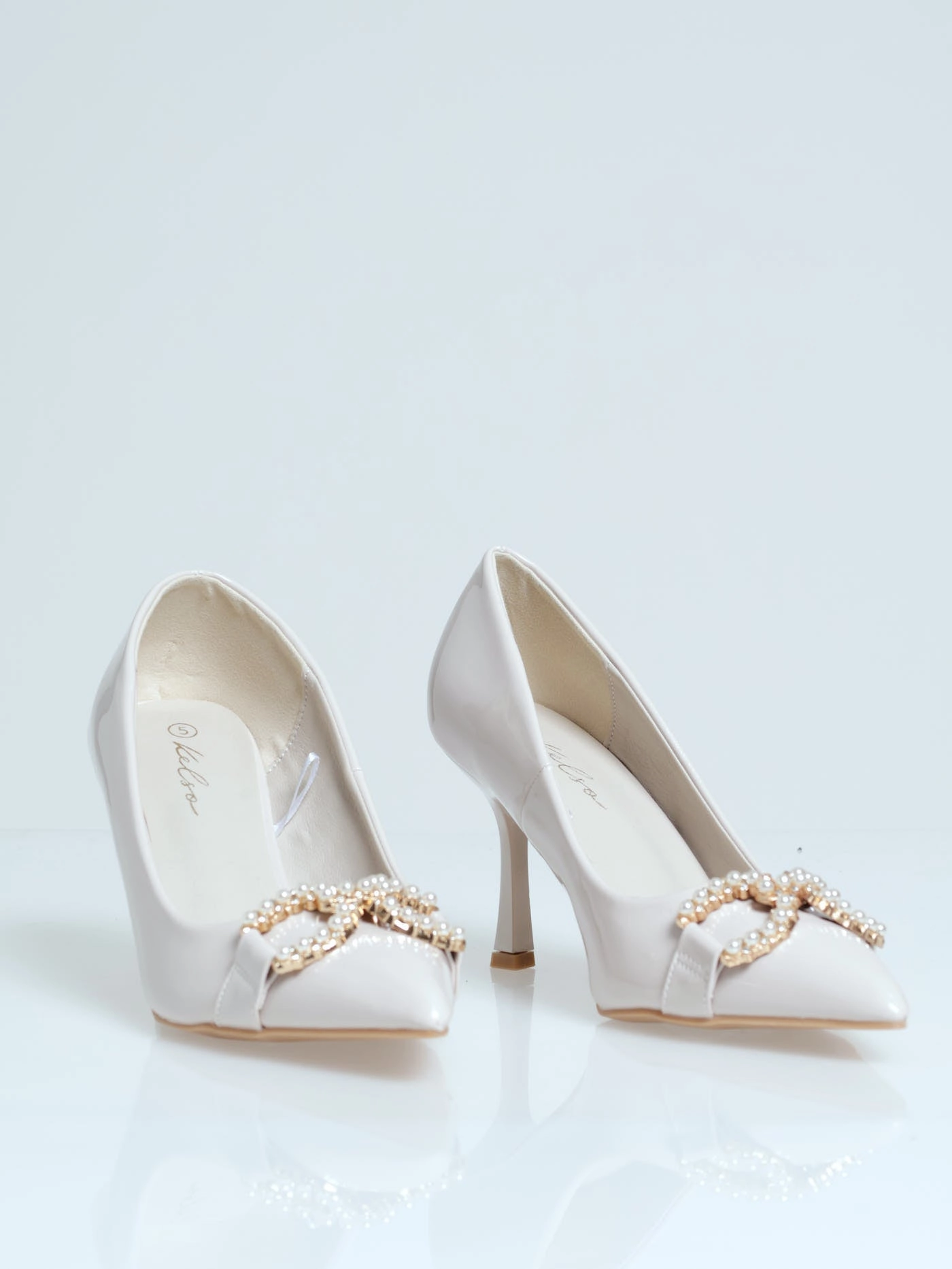 Tapered Metal Trim Court Heel - Off White High Heel Sandals for Weddings Metal hardware