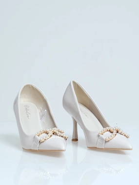 Tapered Metal Trim Court Heel - Off White High Heel Sandals for Weddings Metal hardware