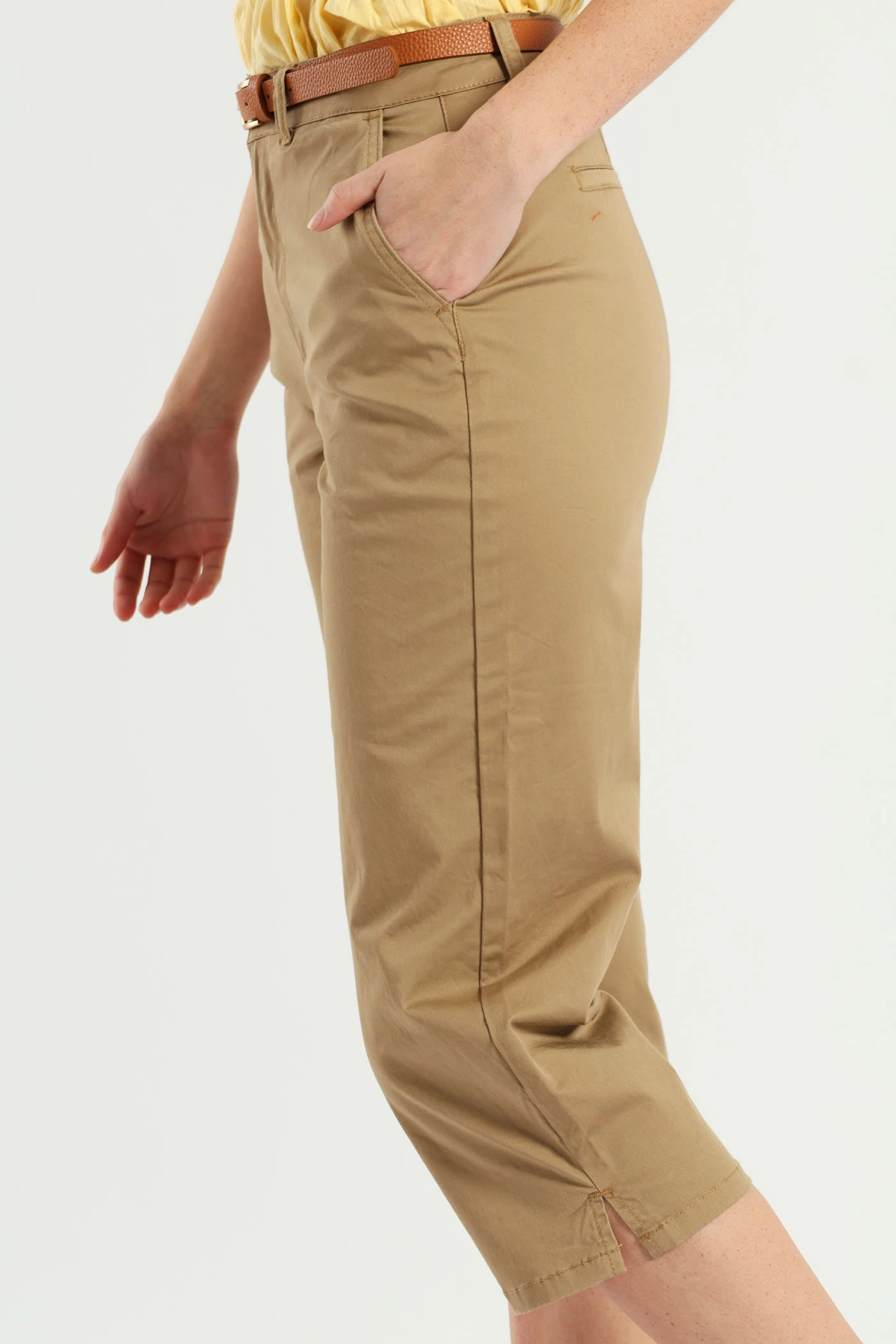 Casual Ease Belted Sateen Chino Capri Shorts - Light Stone