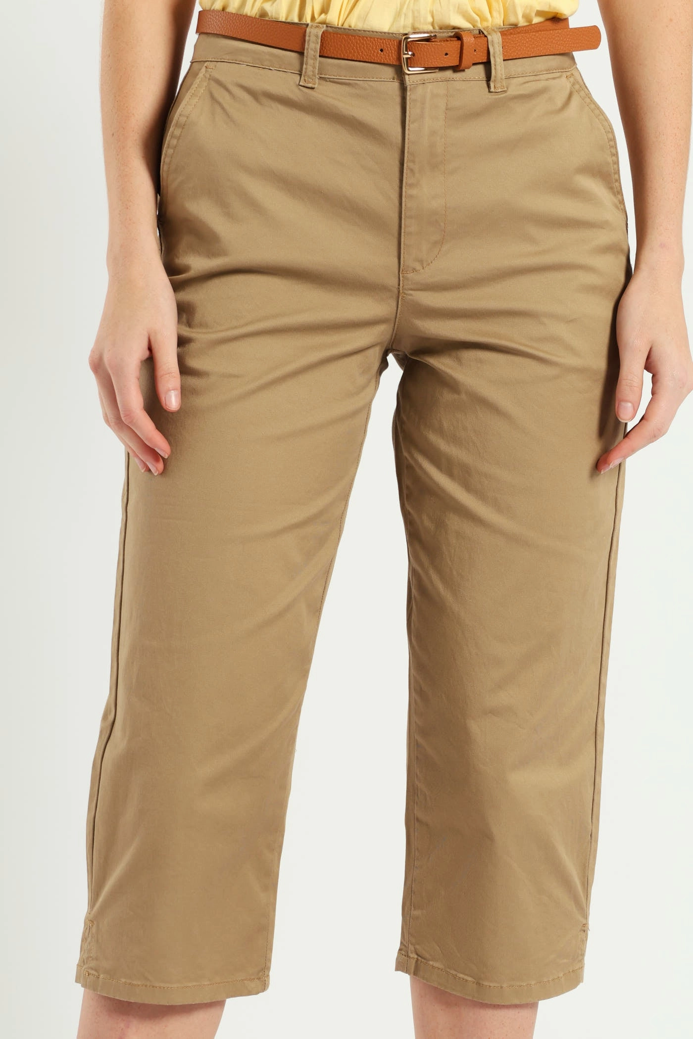 Belted Sateen Chino Capri Shorts - Light Stone quick-dry feature