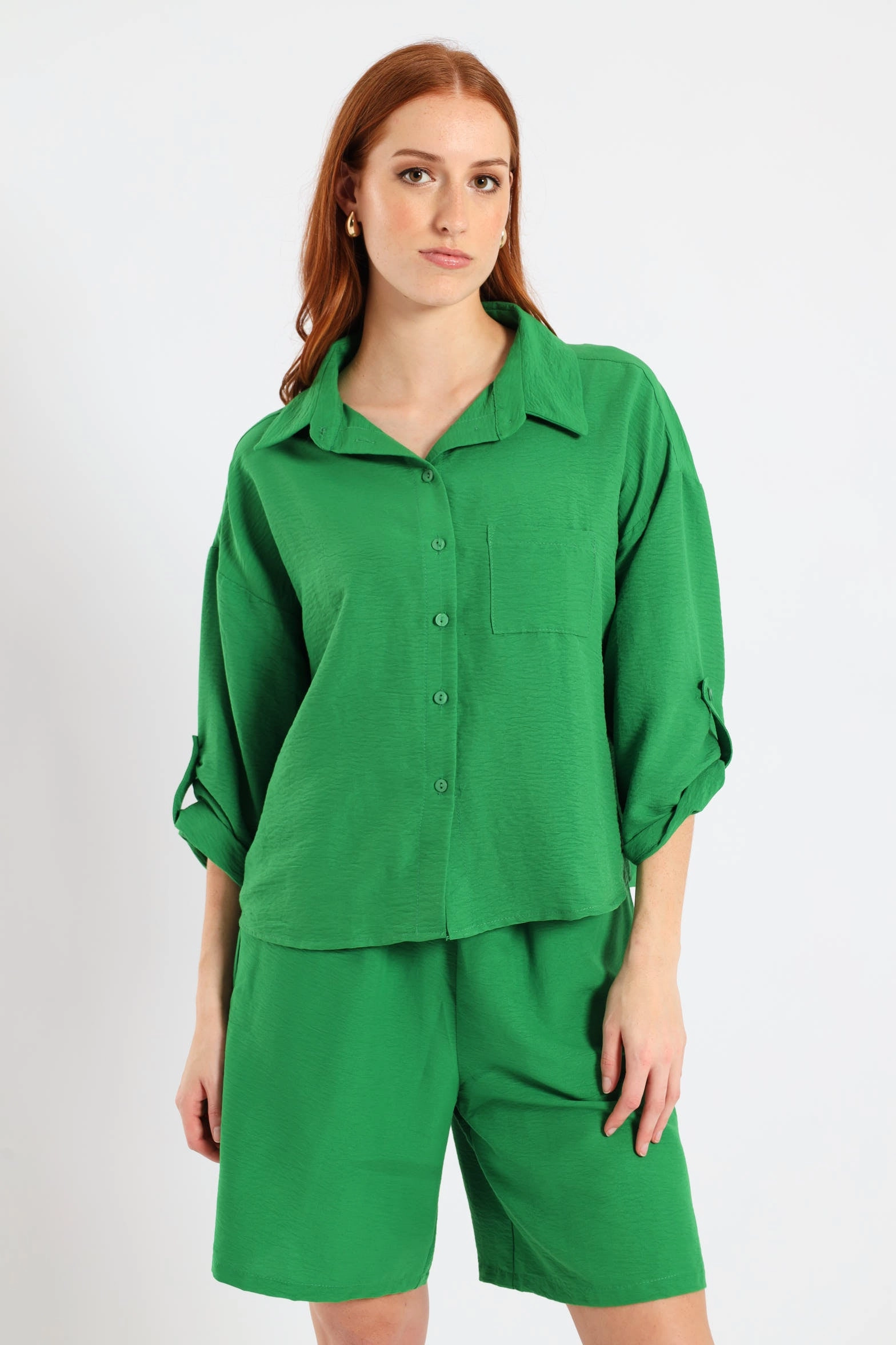 Bonded Seam Durability Tab & Button Detail 3/4 Sleeve Relaxed Shirt - Emerald