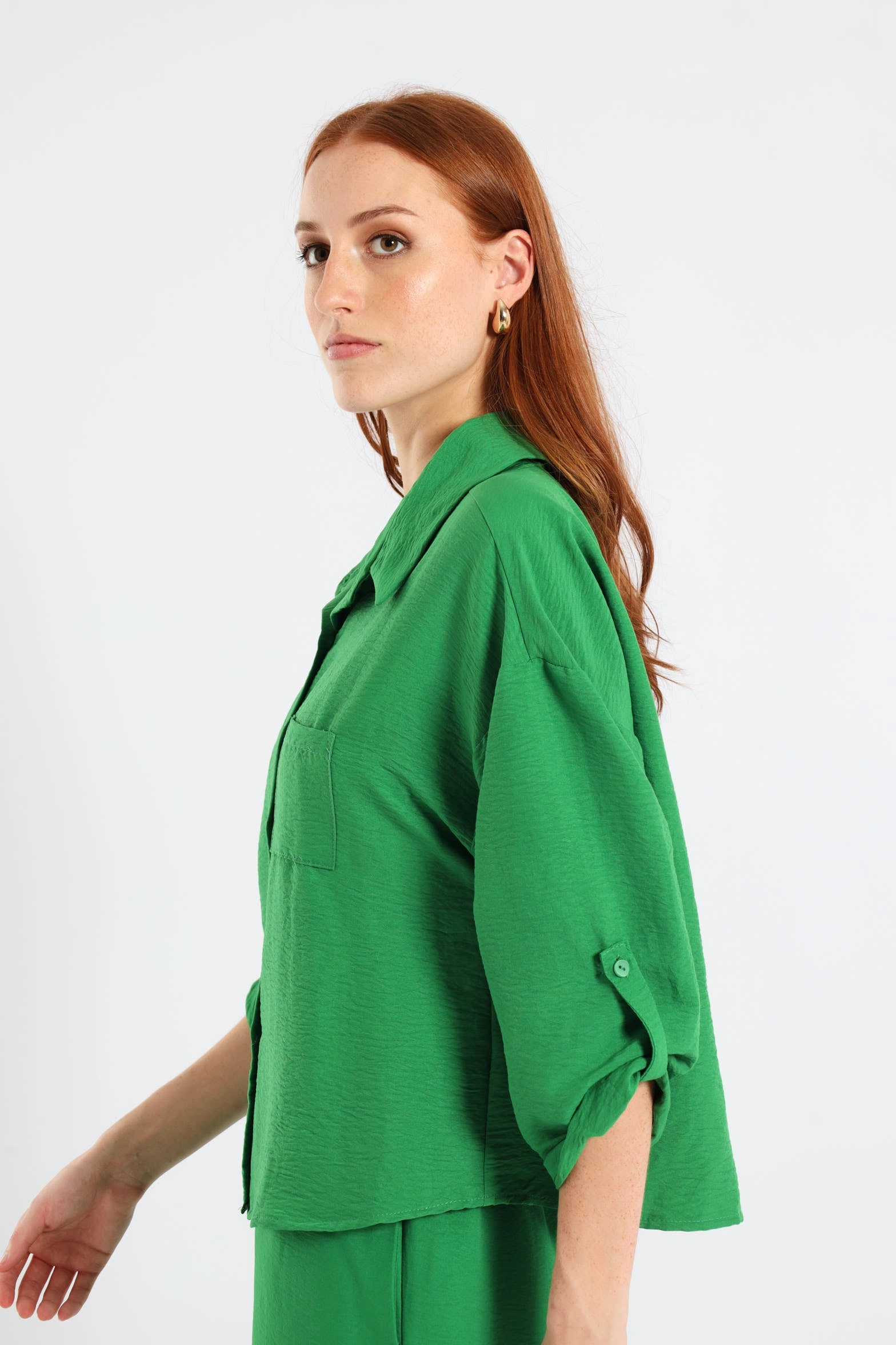 Odor Control Finish Tab & Button Detail 3/4 Sleeve Relaxed Shirt - Emerald