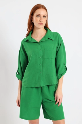 Bonded Seam Durability Tab & Button Detail 3/4 Sleeve Relaxed Shirt - Emerald