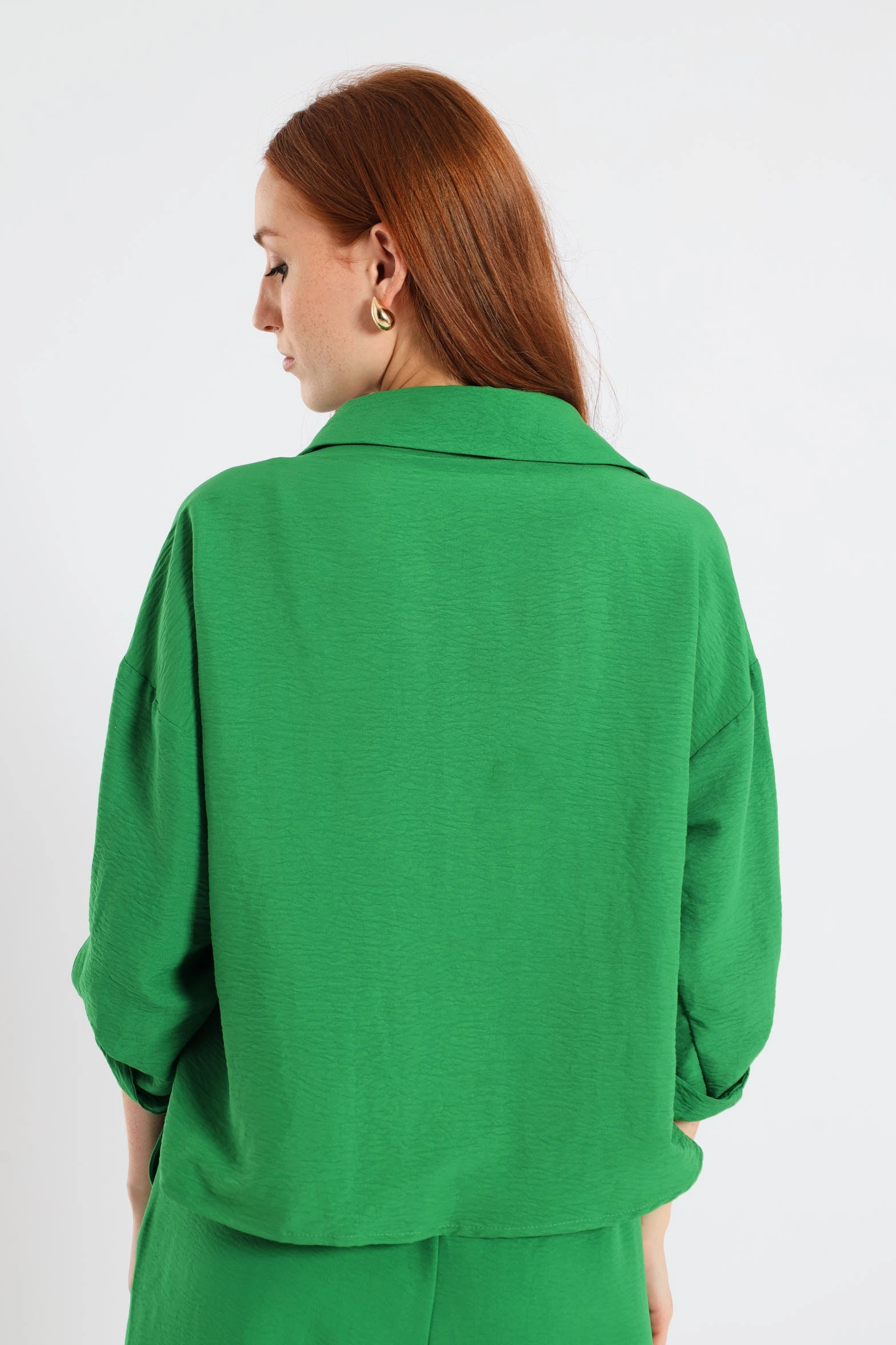 FlatlockSeams Stylish T-shirt Tab & Button Detail 3/4 Sleeve Relaxed Shirt - Emerald