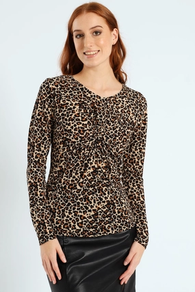 Long Sleeve Knot Front Rib Top - Animal Print Soft Touch Blend Non Irritating Seam Finish