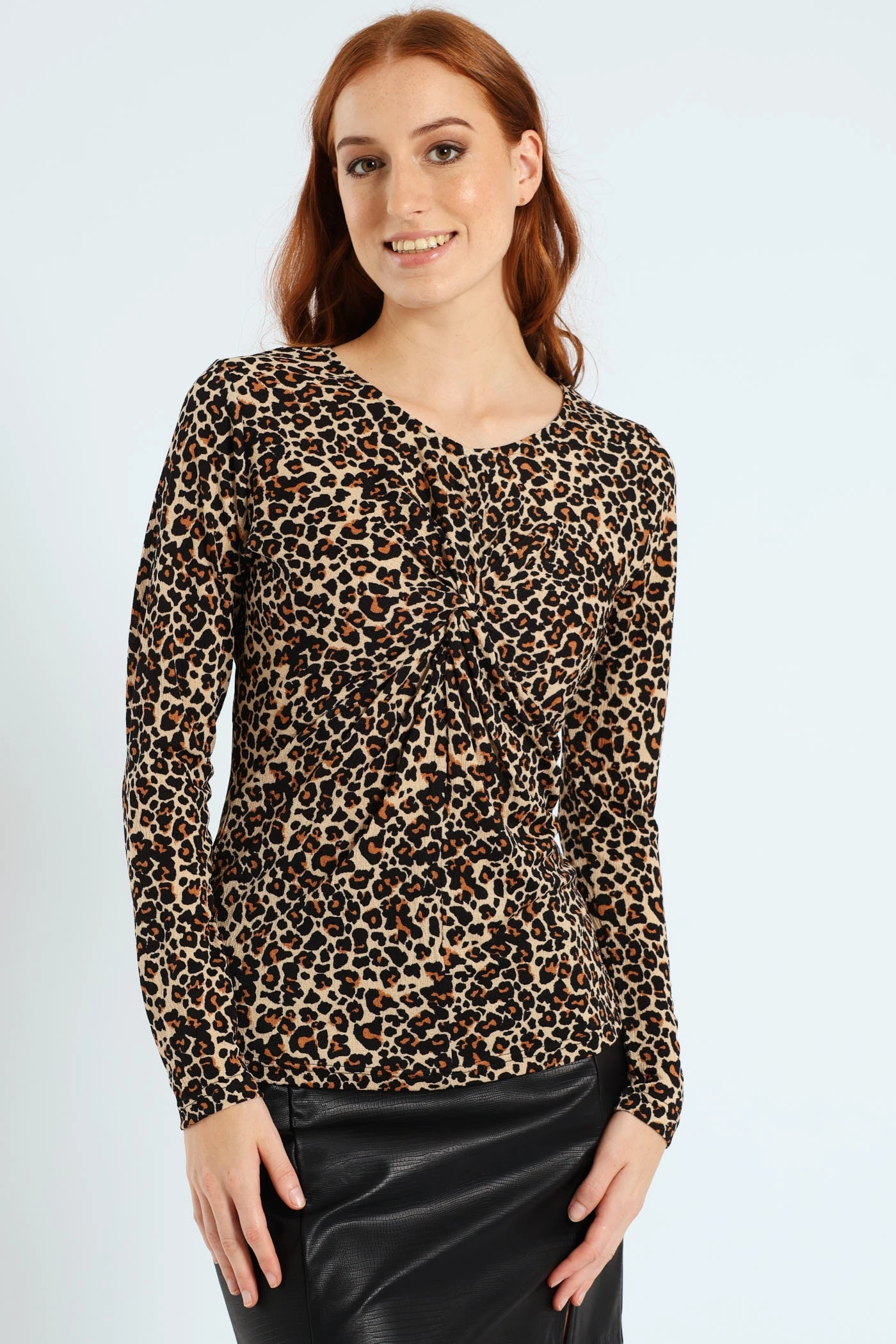 Long Sleeve Knot Front Rib Top - Animal Print Soft Touch Blend Non Irritating Seam Finish