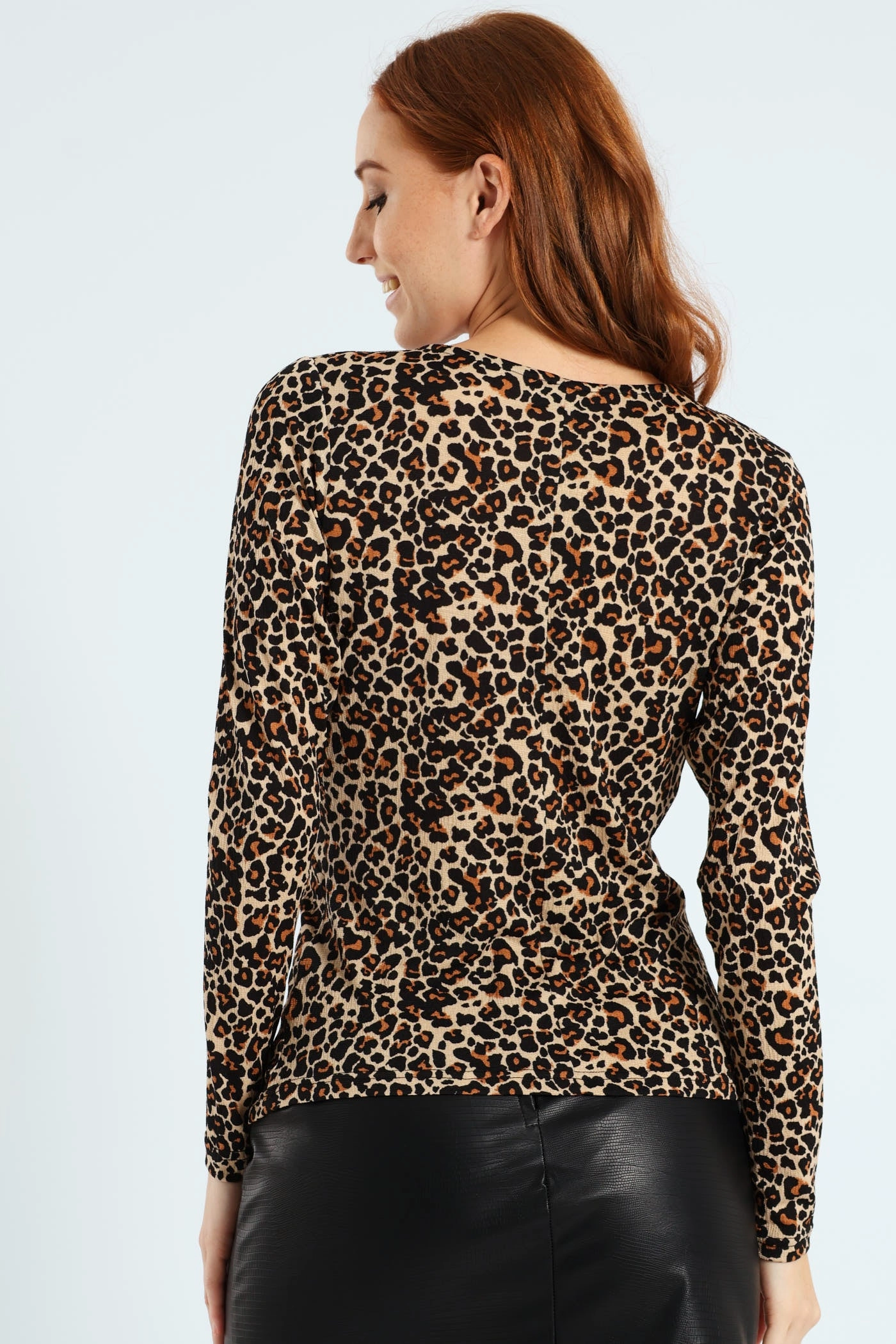 Long Sleeve Knot Front Rib Top - Animal Print Basic Sweatshirt Snag Resistant Fabric