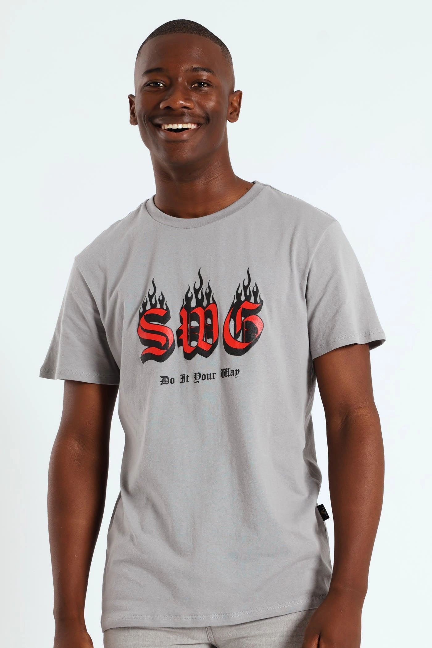 Soft Brushed Finish Elderly Comfort Basic Print T-Shirt - Light Grey