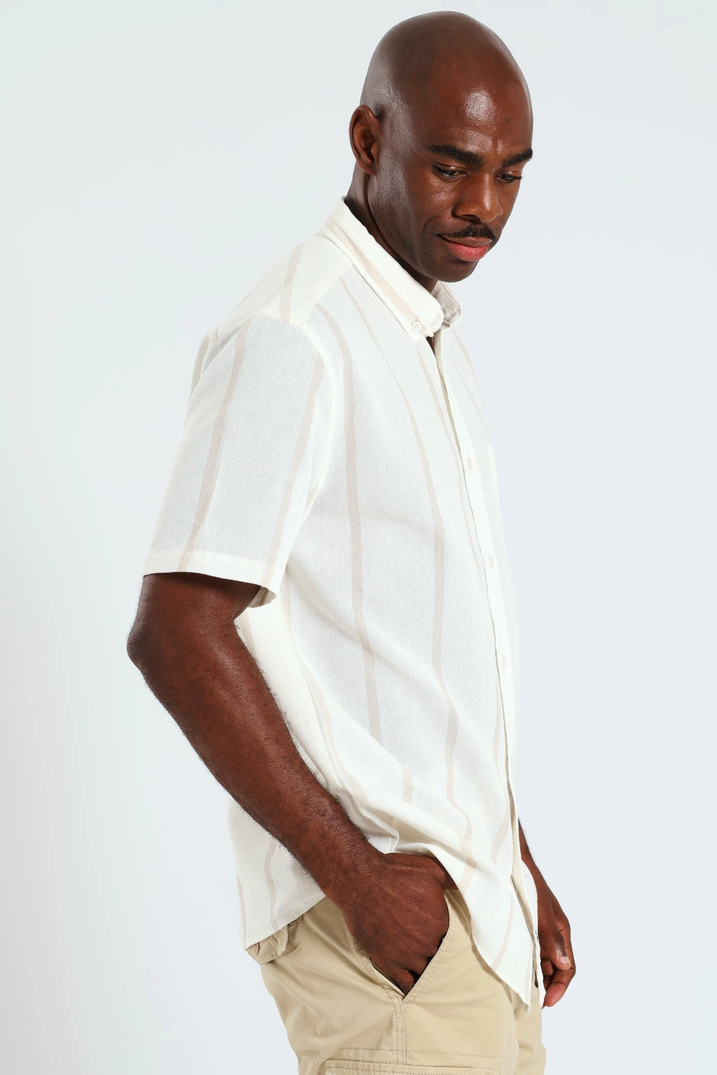 Button Down Surface Stripe Shirt - Off White UV Protection
