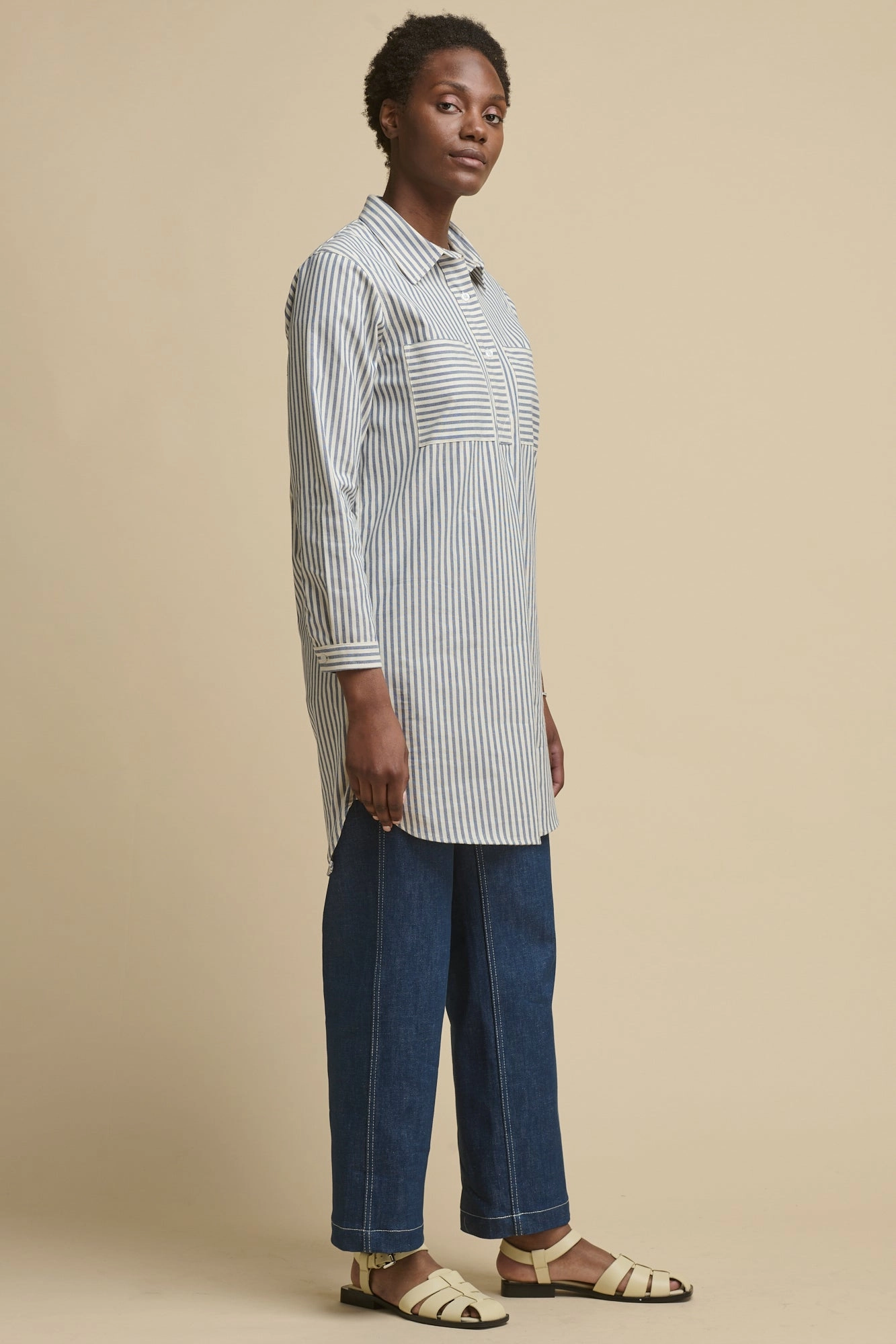 The Quarry Bank Women's Olivia Shirt Dress - Navy/White Embroidered-Sleeve Fitted Shape