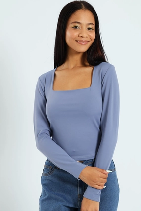 Luxurious Feel Long Sleeve Skin Tight Basic Square Neck Top - Airforce
