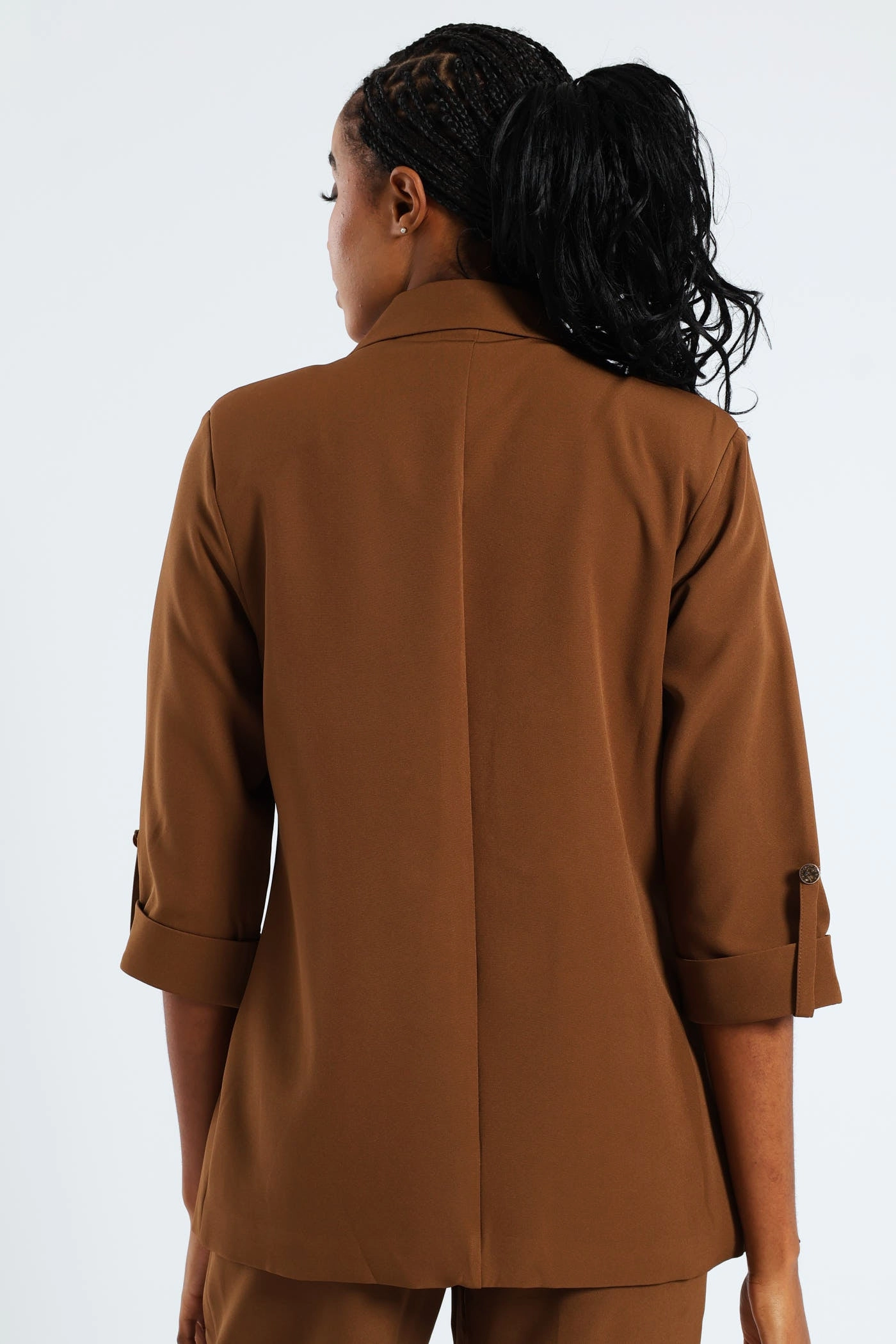 Turn Up Tab Notch Collar Blazer - Brown Lined Pockets
