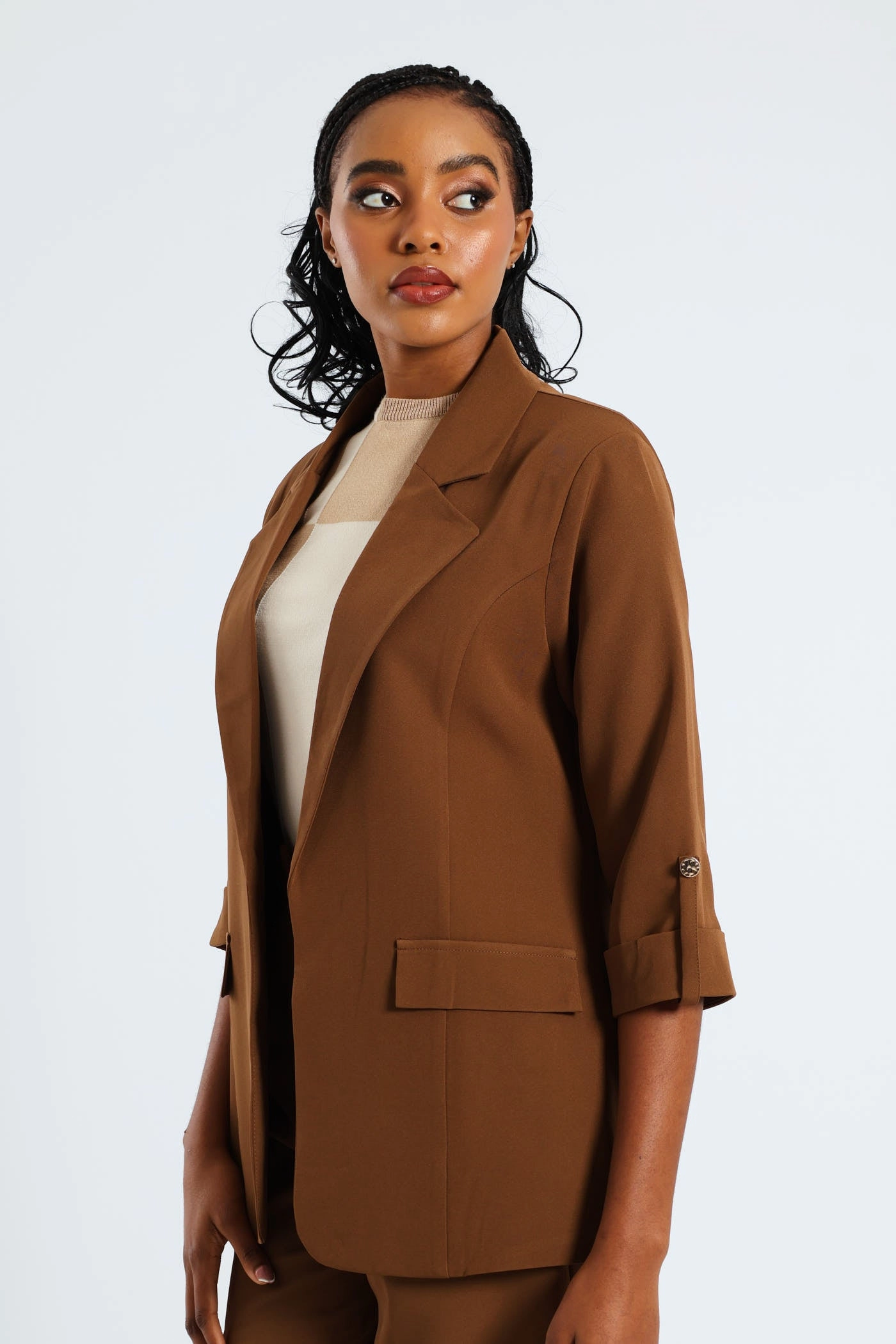 Turn Up Tab Notch Collar Blazer - Brown Universal Fit Framework