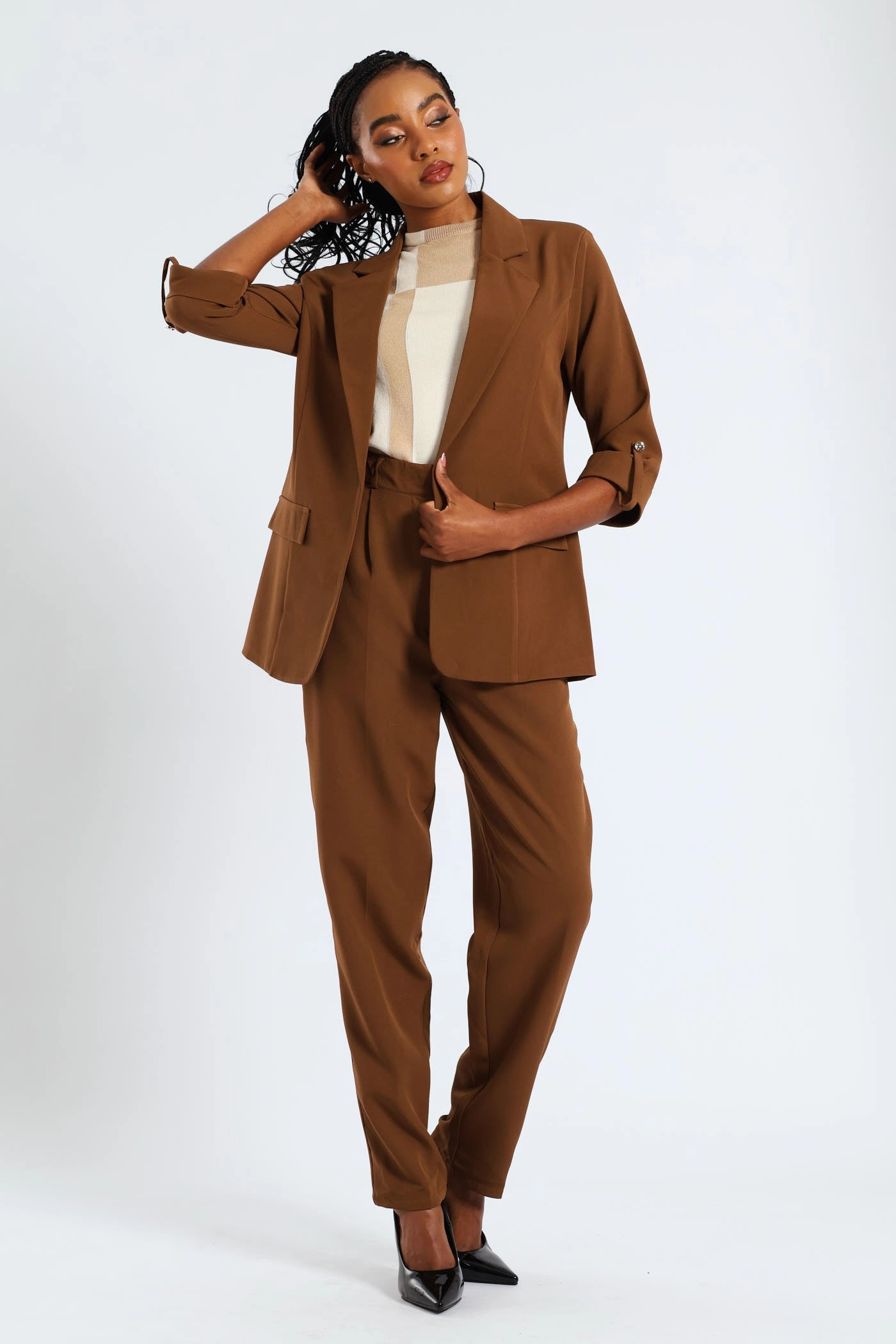 Stylish Chill Piece Turn Up Tab Notch Collar Blazer - Brown