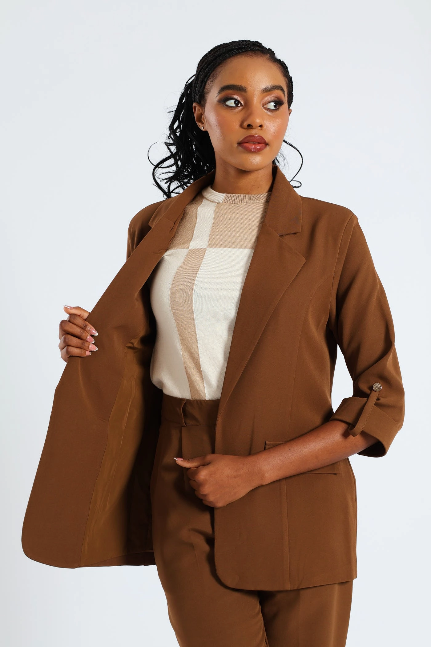 Turn Up Tab Notch Collar Blazer - Brown Packable Feature Weekend Style