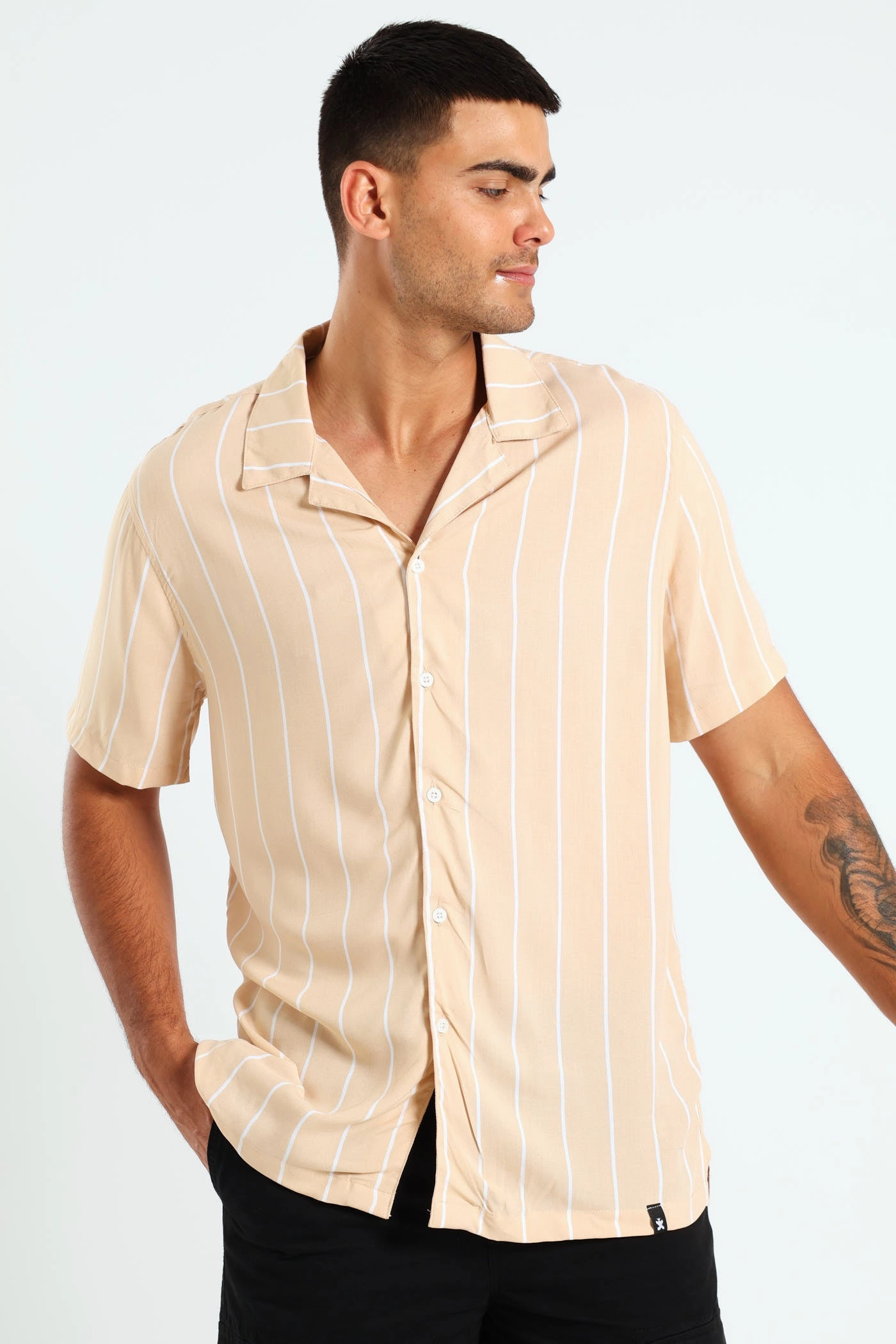 Thin Stripe Shirt - Stone Stretchable Weave