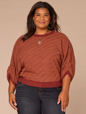 Three Quarter Blouson Sleeve Round Neck Bias Stitch Plus Size Sweater Simple Knitwear