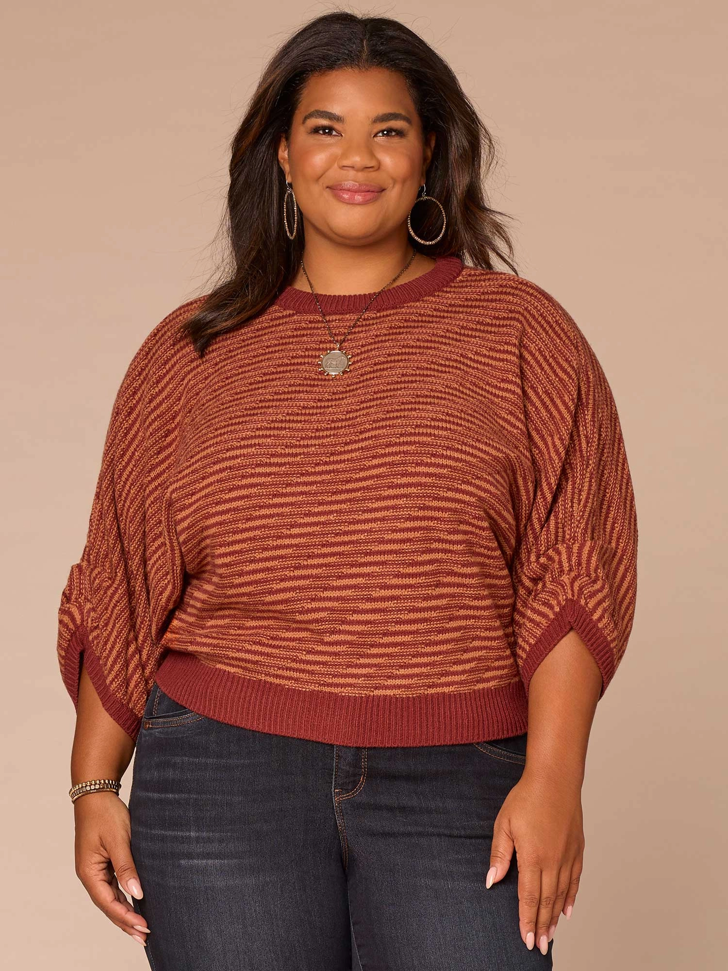 Three Quarter Blouson Sleeve Round Neck Bias Stitch Plus Size Sweater Stretchable Fabric