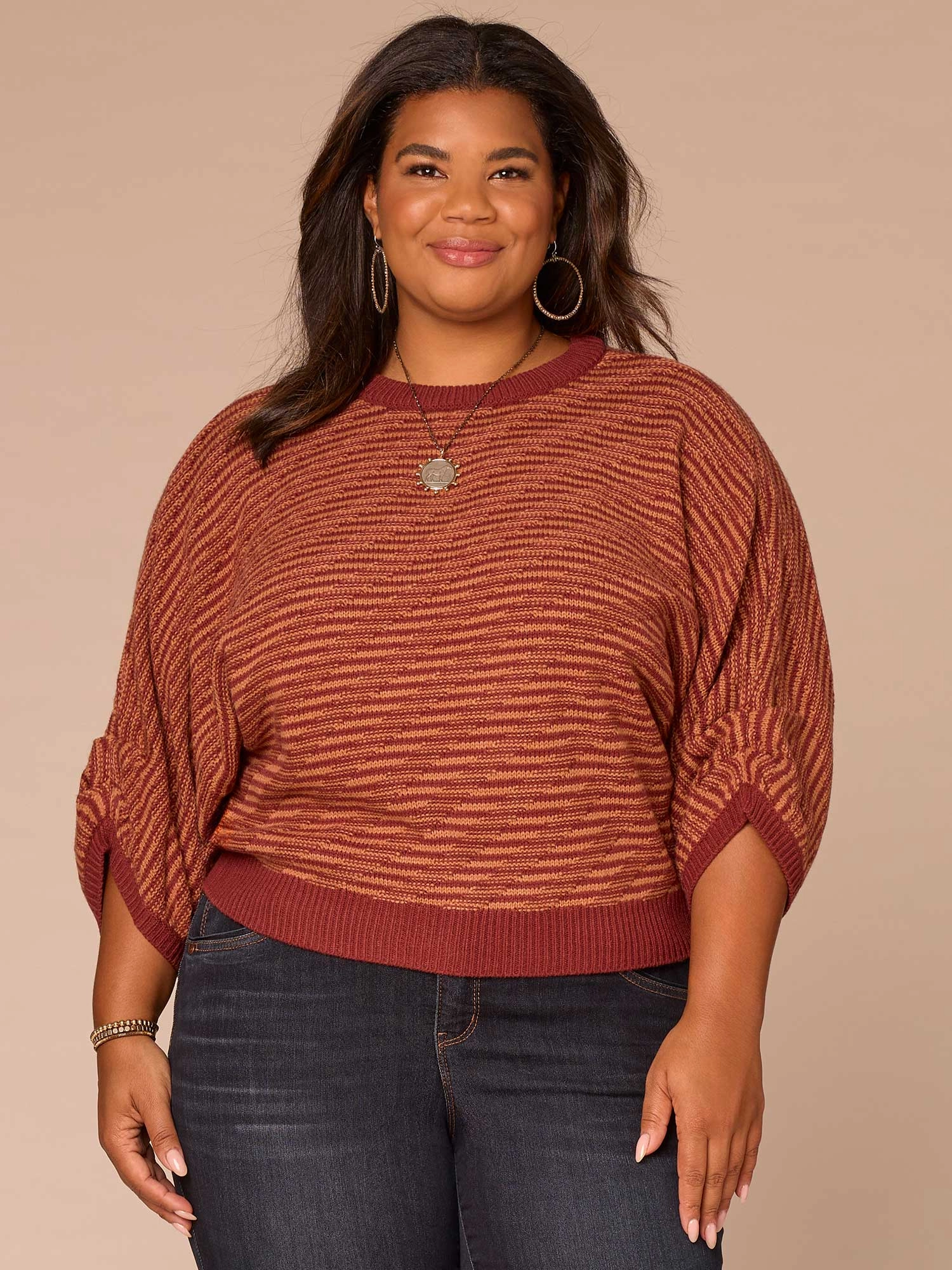 Three Quarter Blouson Sleeve Round Neck Bias Stitch Plus Size Sweater Simple Knitwear