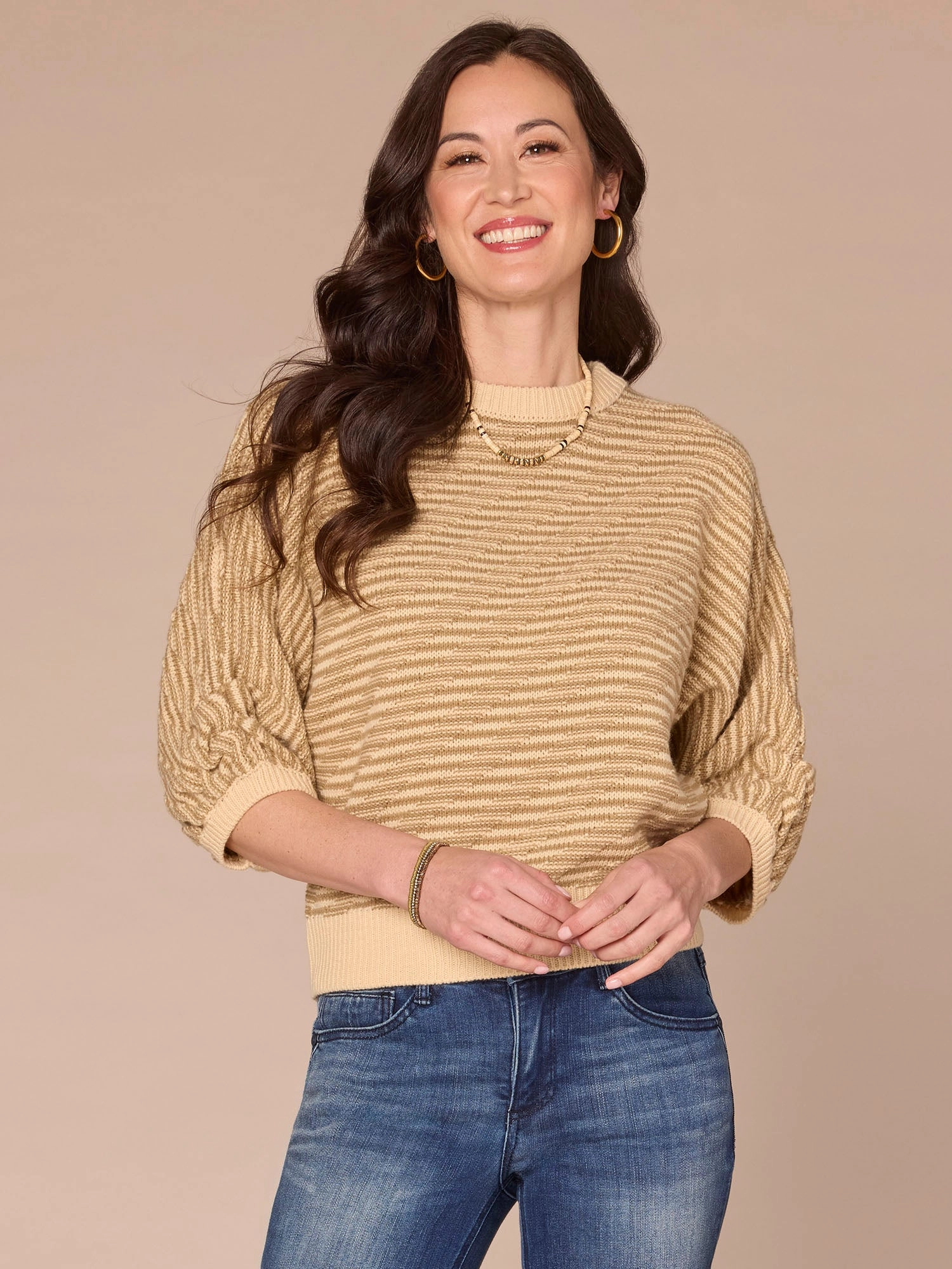 Three Quarter Dolman Sleeve Round Neck Banded Hem Bias Stitch Sweater Trendy Wear