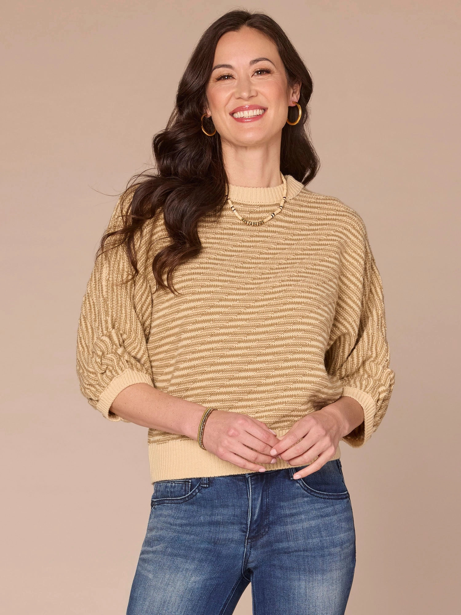 Three Quarter Dolman Sleeve Round Neck Banded Hem Bias Stitch Sweater Breathable Style Comfy Fit