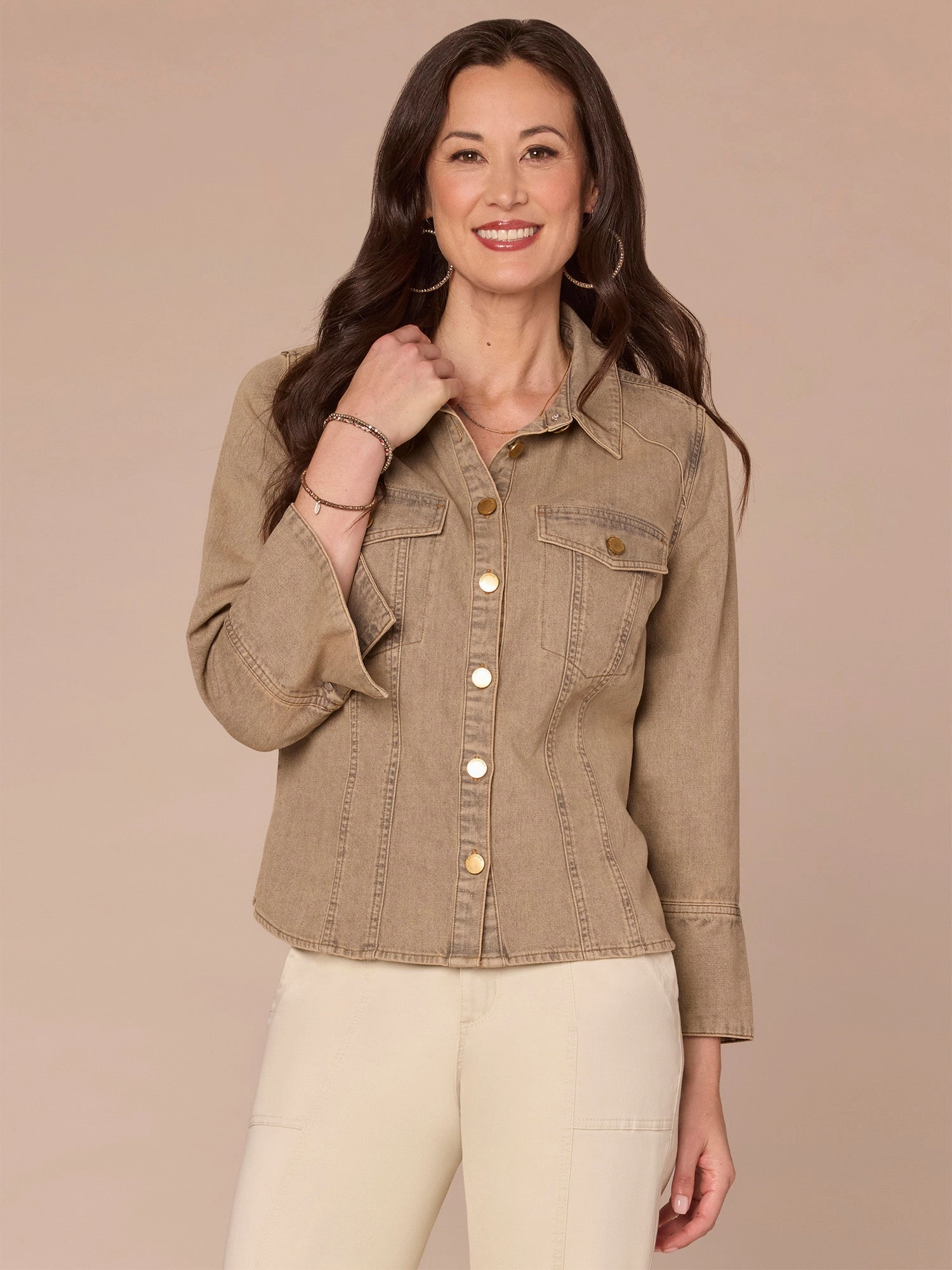 Effortless Layer Easy Layering Three Quarter French Cuff Sleeve Button Down Denim Shirt