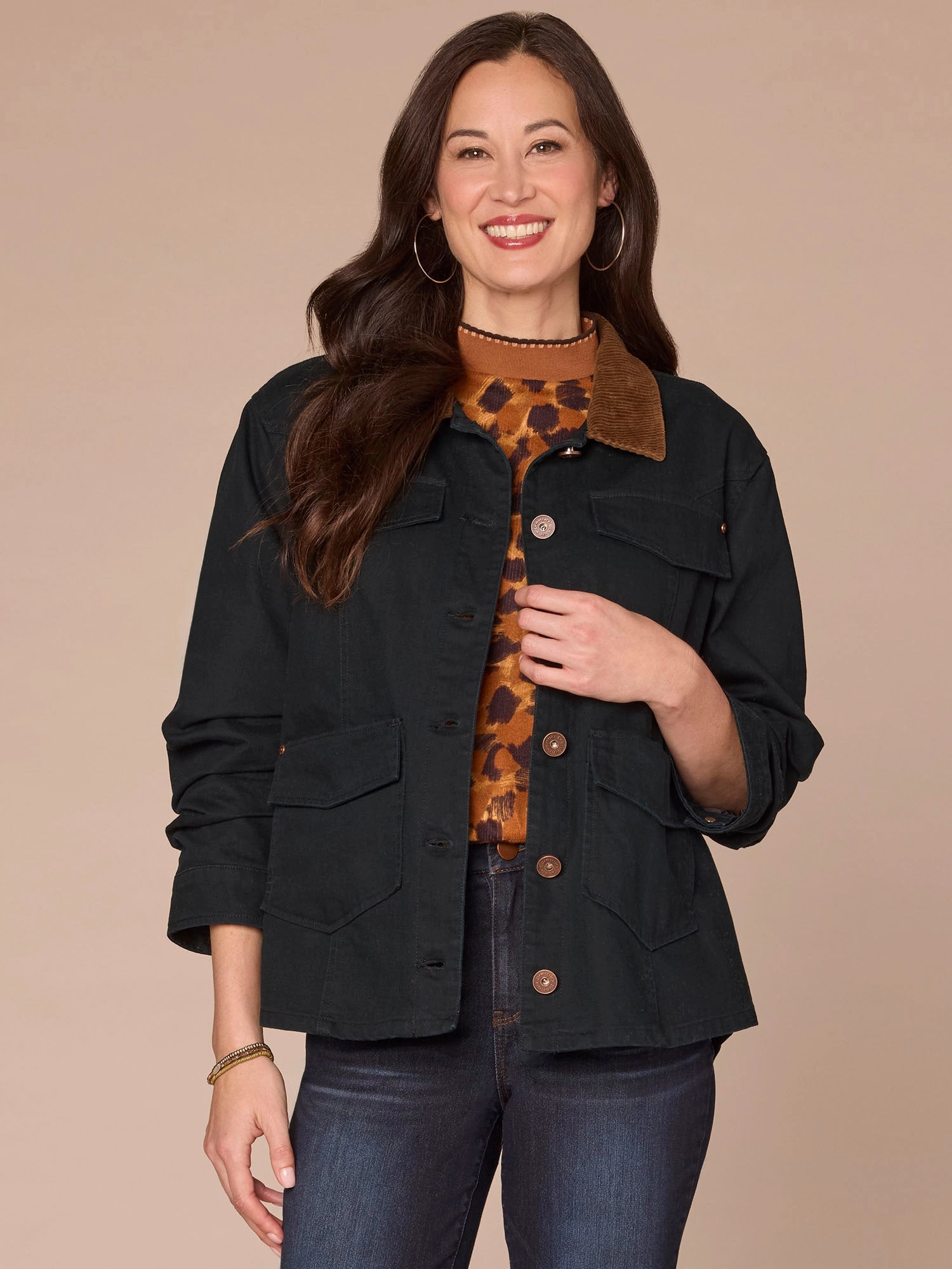 Secure Closure Systems Quick Release Buckle Three Quarter Ruched Sleeve Button Front Jacket with Contrast Collar