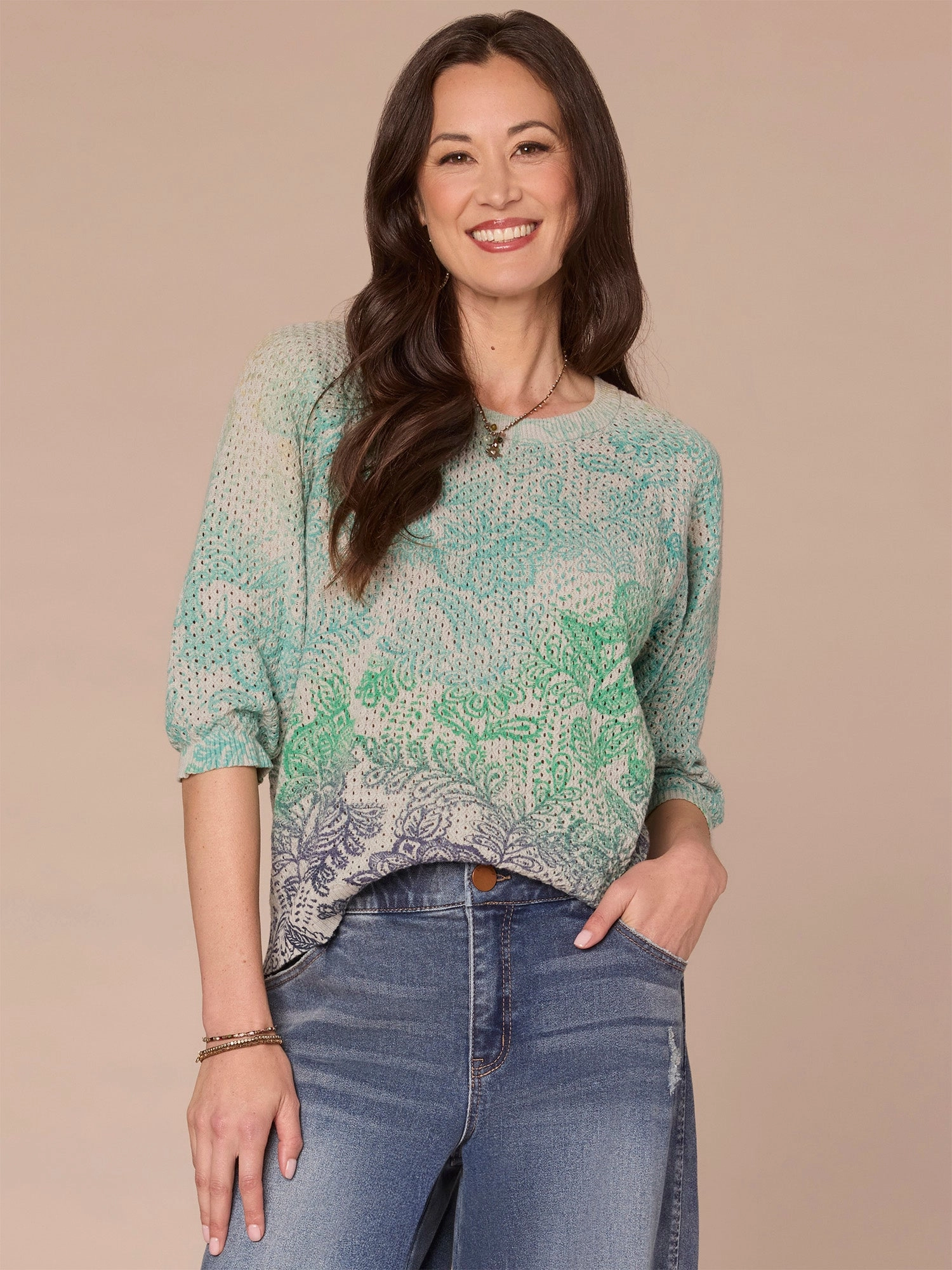 Three Quarter Sleeve Round Neck Ombre Print Petite Sweater Warm Layer Warm and Fashionable