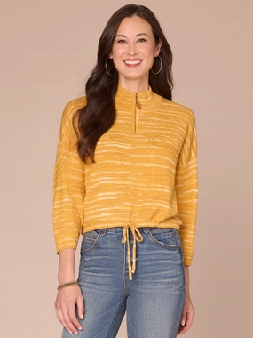 Comfy Stretch Wear Three Quarter Sleeve Zip Mock Neck Tie Front Space Dye Sweater