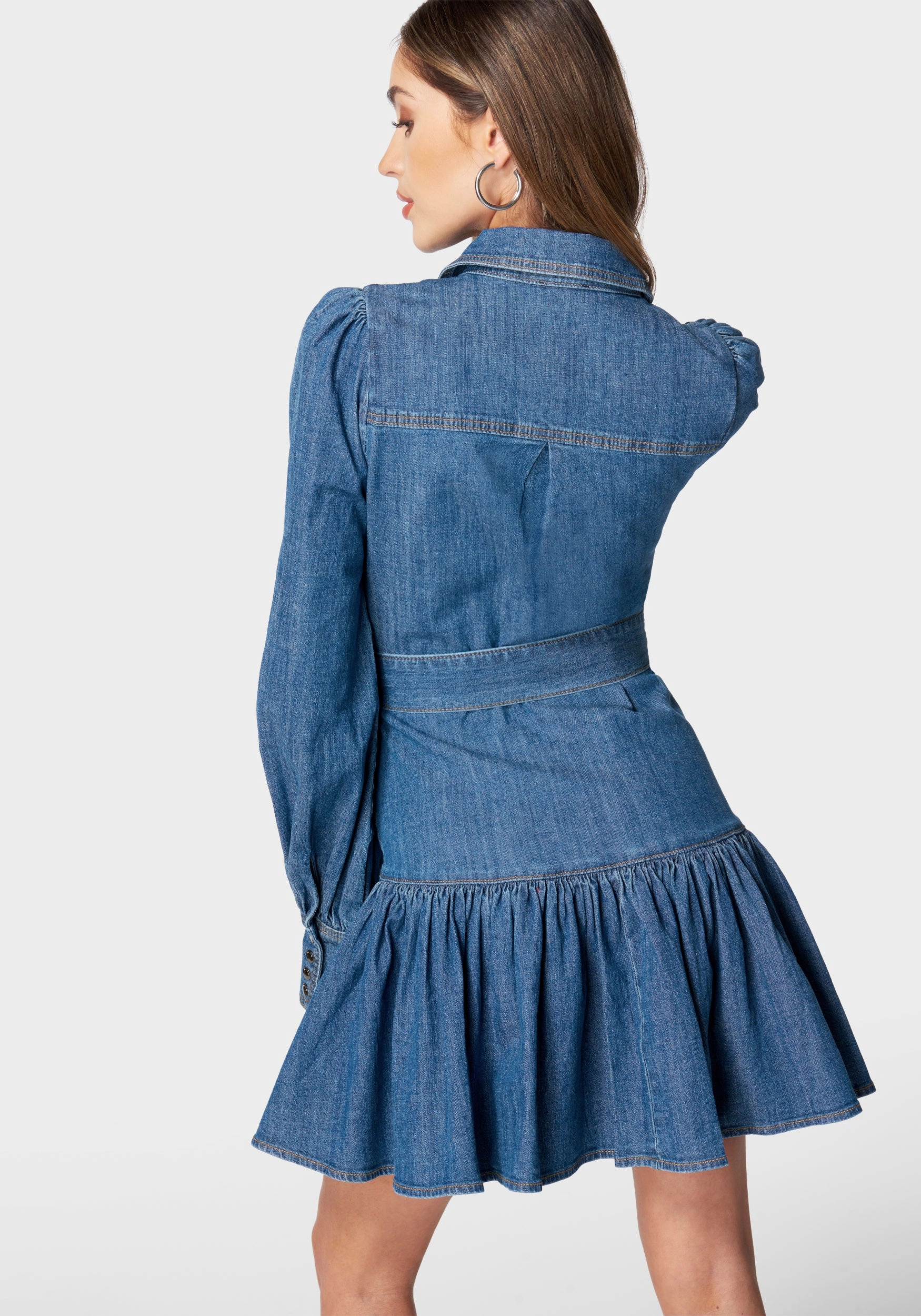 Balloon Sleeves Fit And Flare Denim Dress knee-length