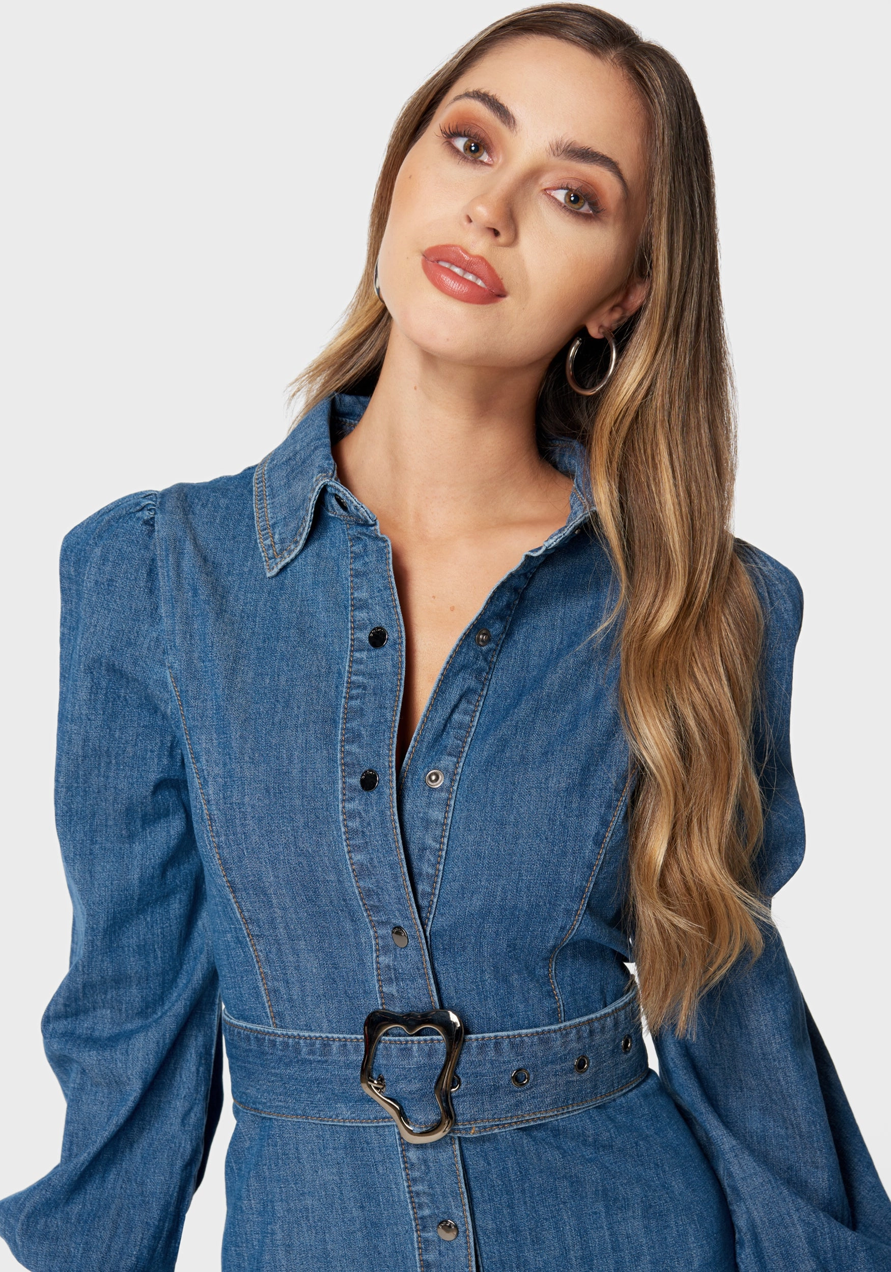 Balloon Sleeves Fit And Flare Denim Dress Walkable Flow