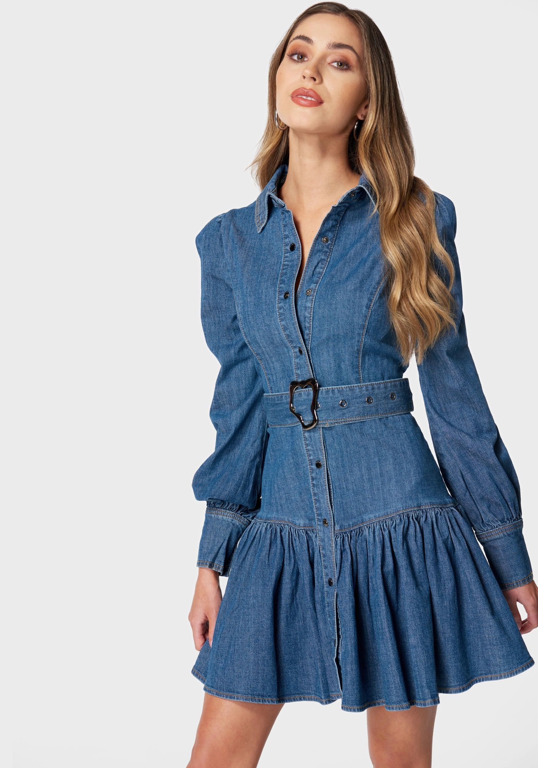 Balloon Sleeves Fit And Flare Denim Dress Sleek And Stylish Chilly Day Wear