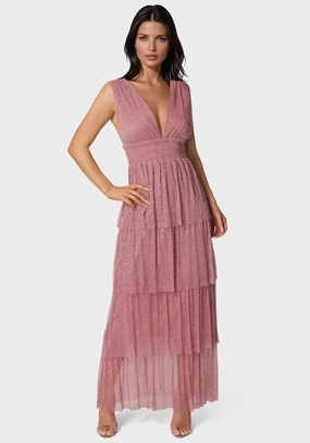 Tiered Plunge Neck Lurex Midi Dress Party Floral photo look