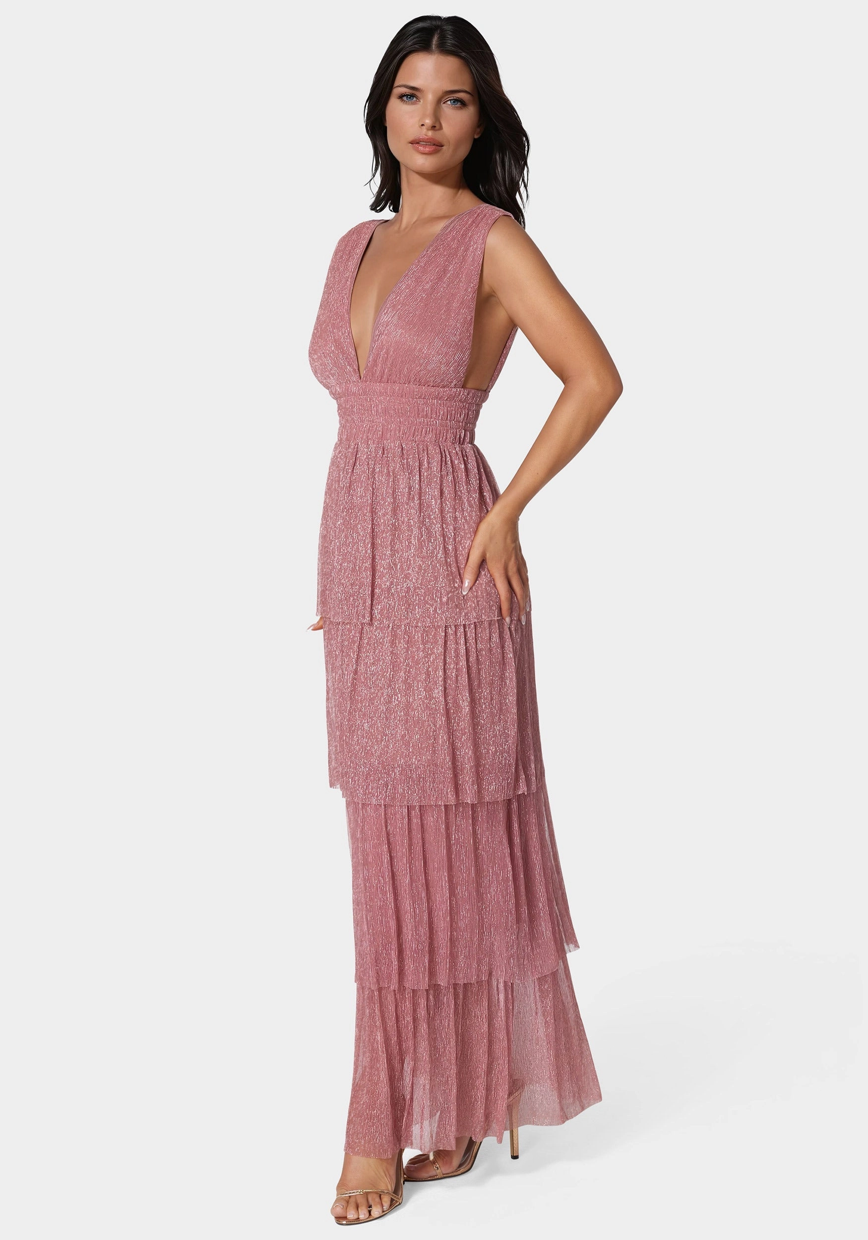 Tiered Plunge Neck Lurex Midi Dress Clean Texture Fit Mood