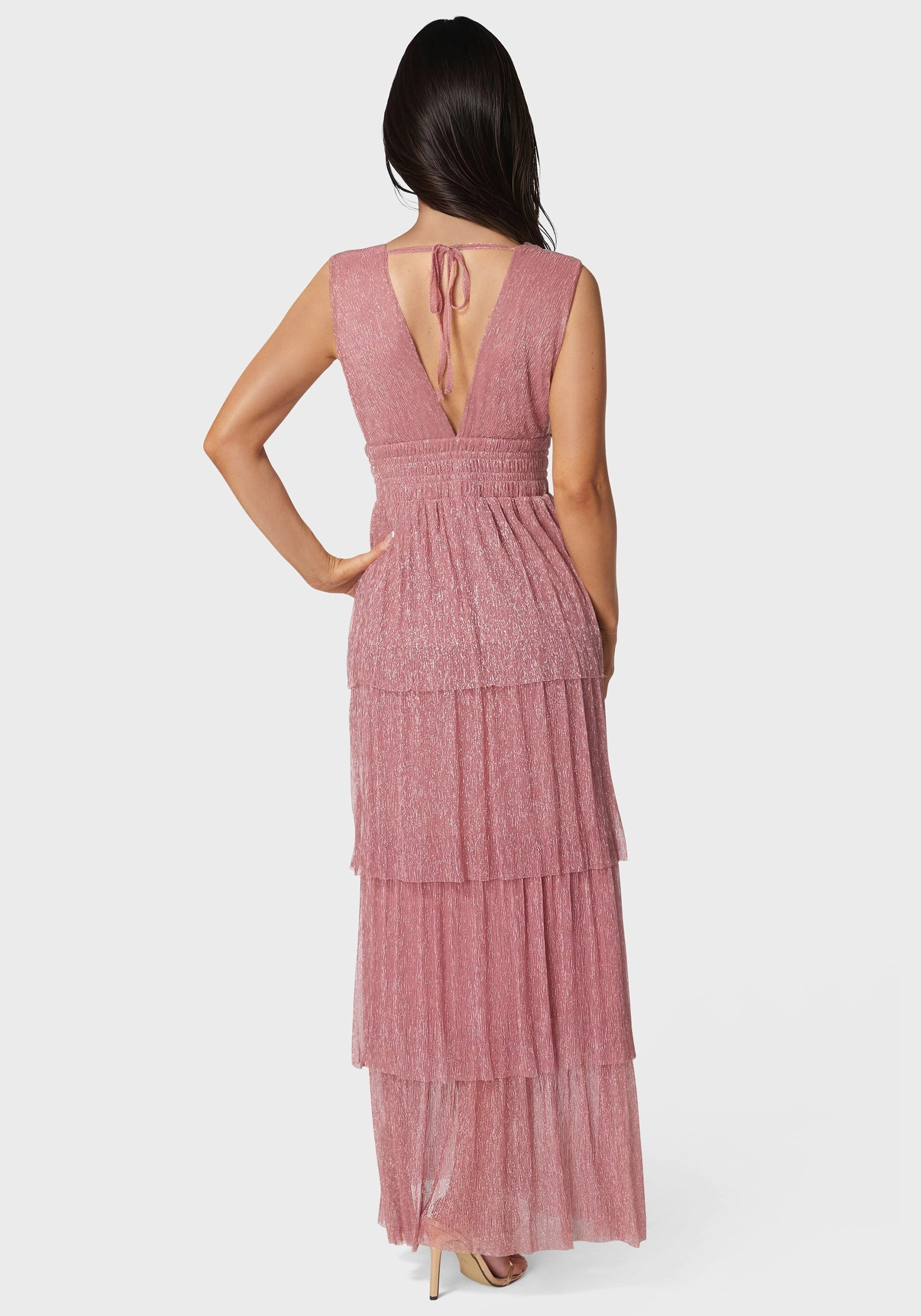 Simplistic Mood Tiered Plunge Neck Lurex Midi Dress