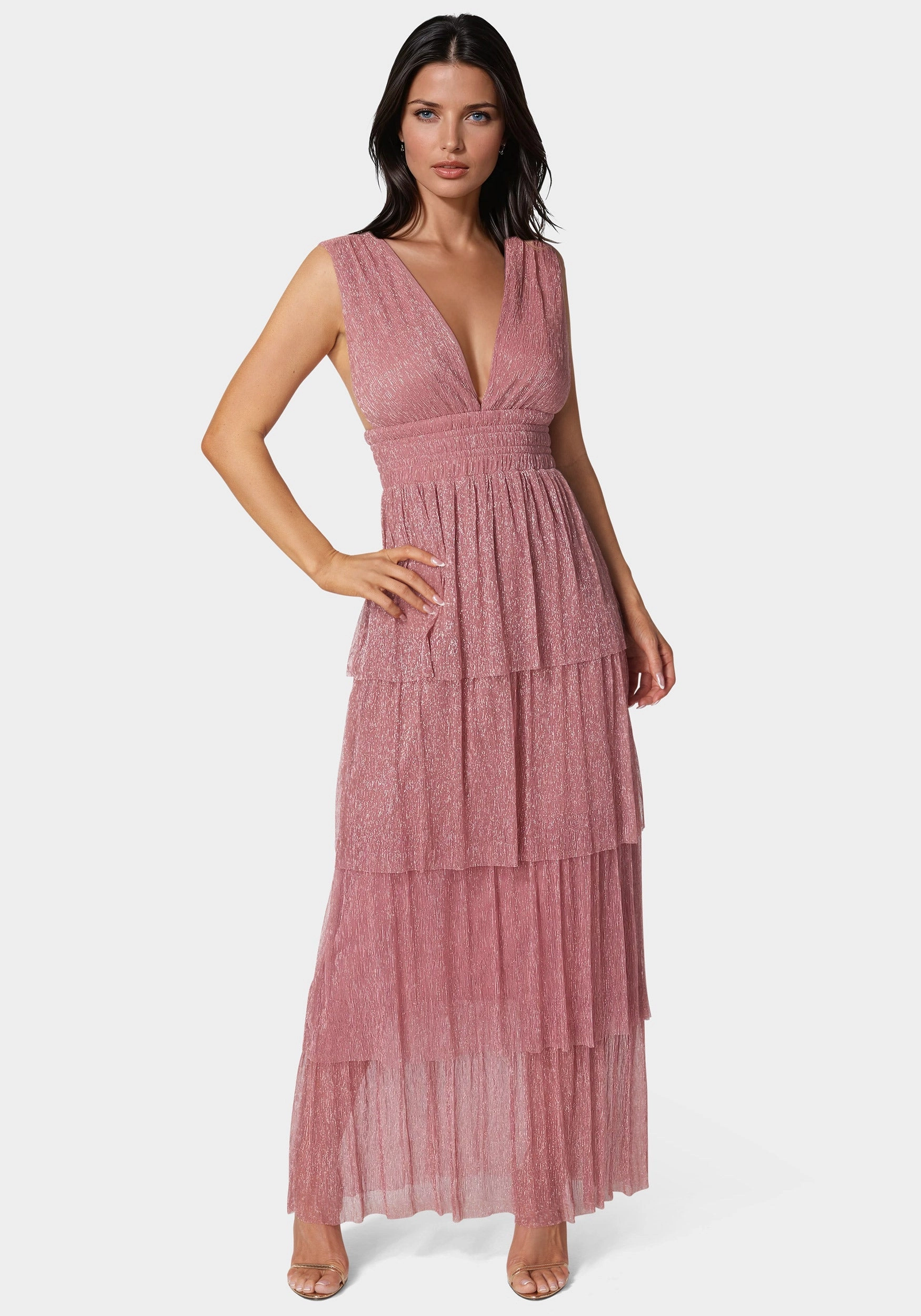 Tiered Plunge Neck Lurex Midi Dress Party Floral photo look