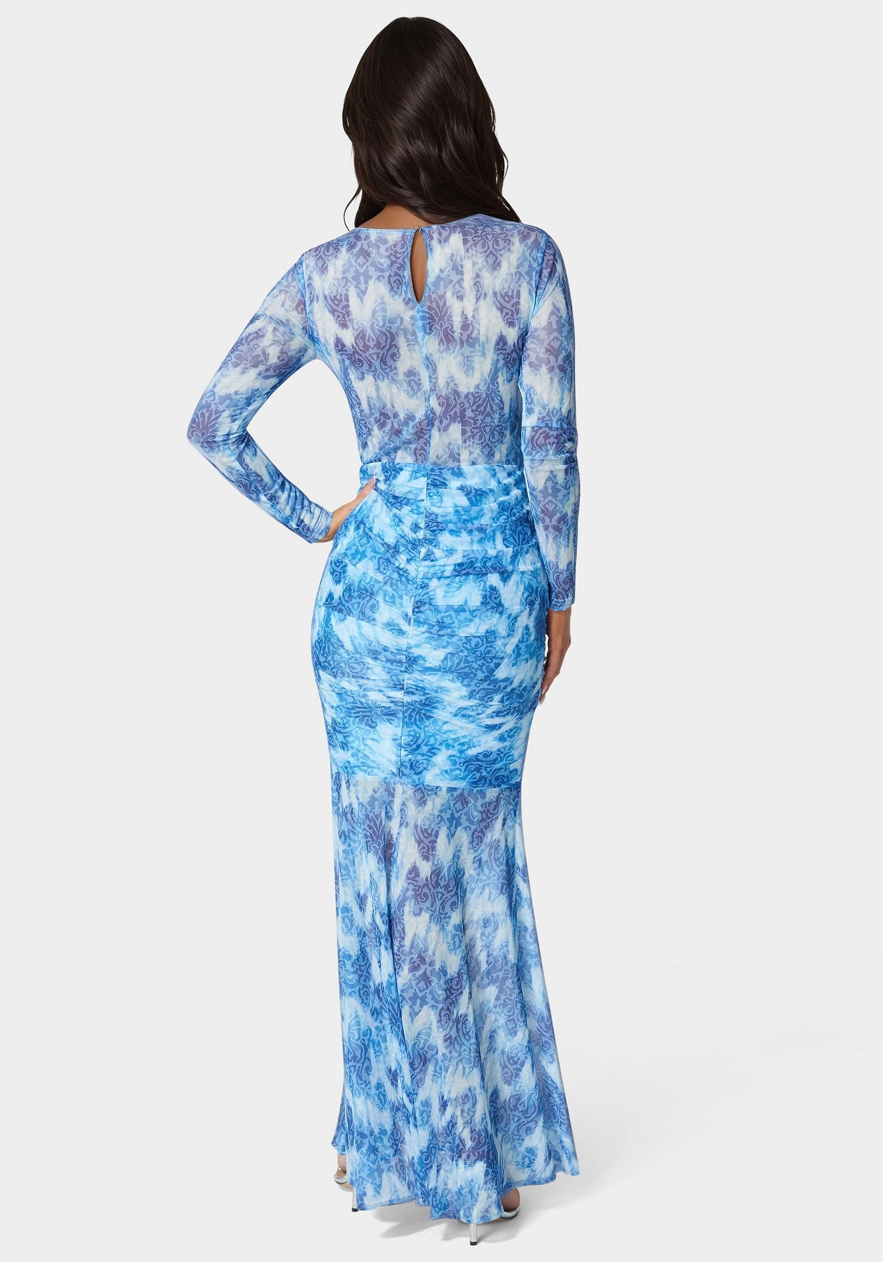 Flattering Shape Design Layered Wear Ruched Longsleeve Printed Maxi Dress